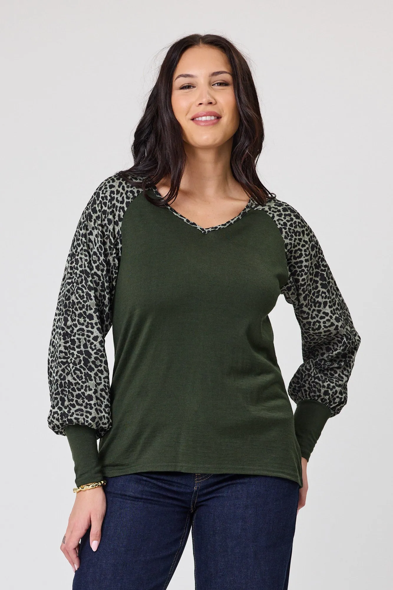 Alpine by Shine On Adeline Top Olive with Animal Print