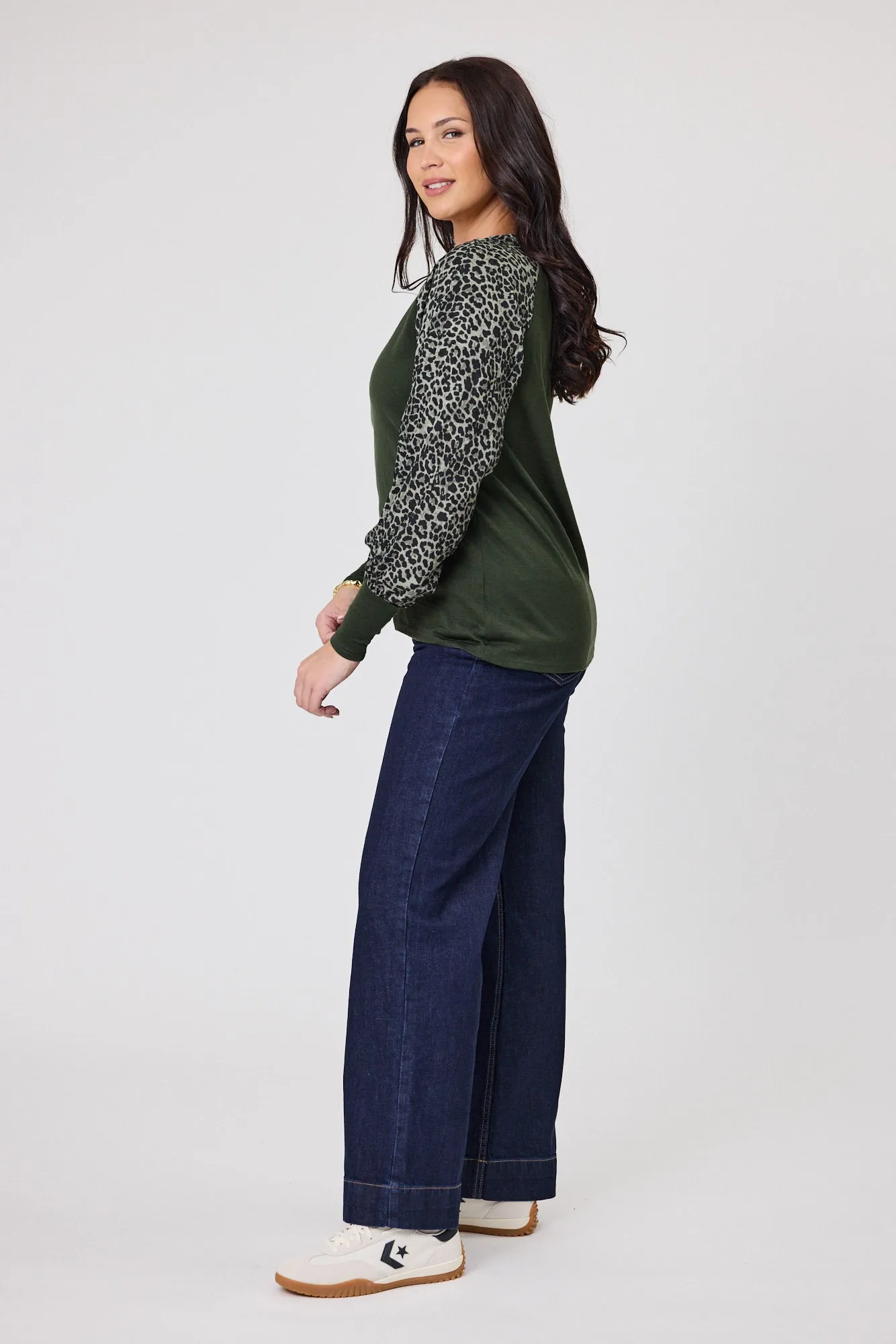 Alpine by Shine On Adeline Top Olive with Animal Print