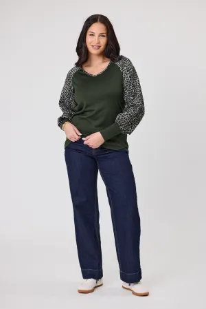 Alpine by Shine On Adeline Top Olive with Animal Print