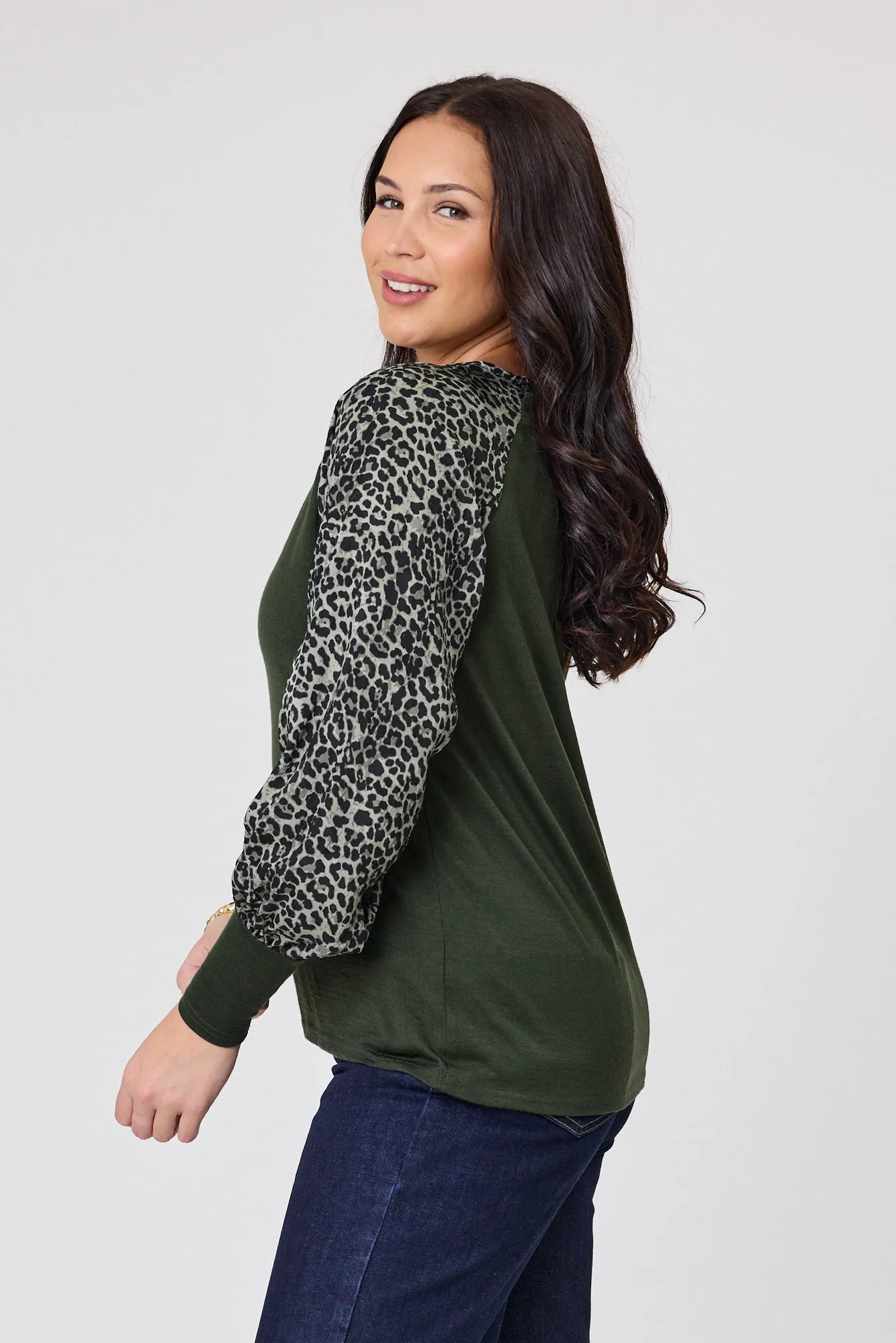 Alpine by Shine On Adeline Top Olive with Animal Print