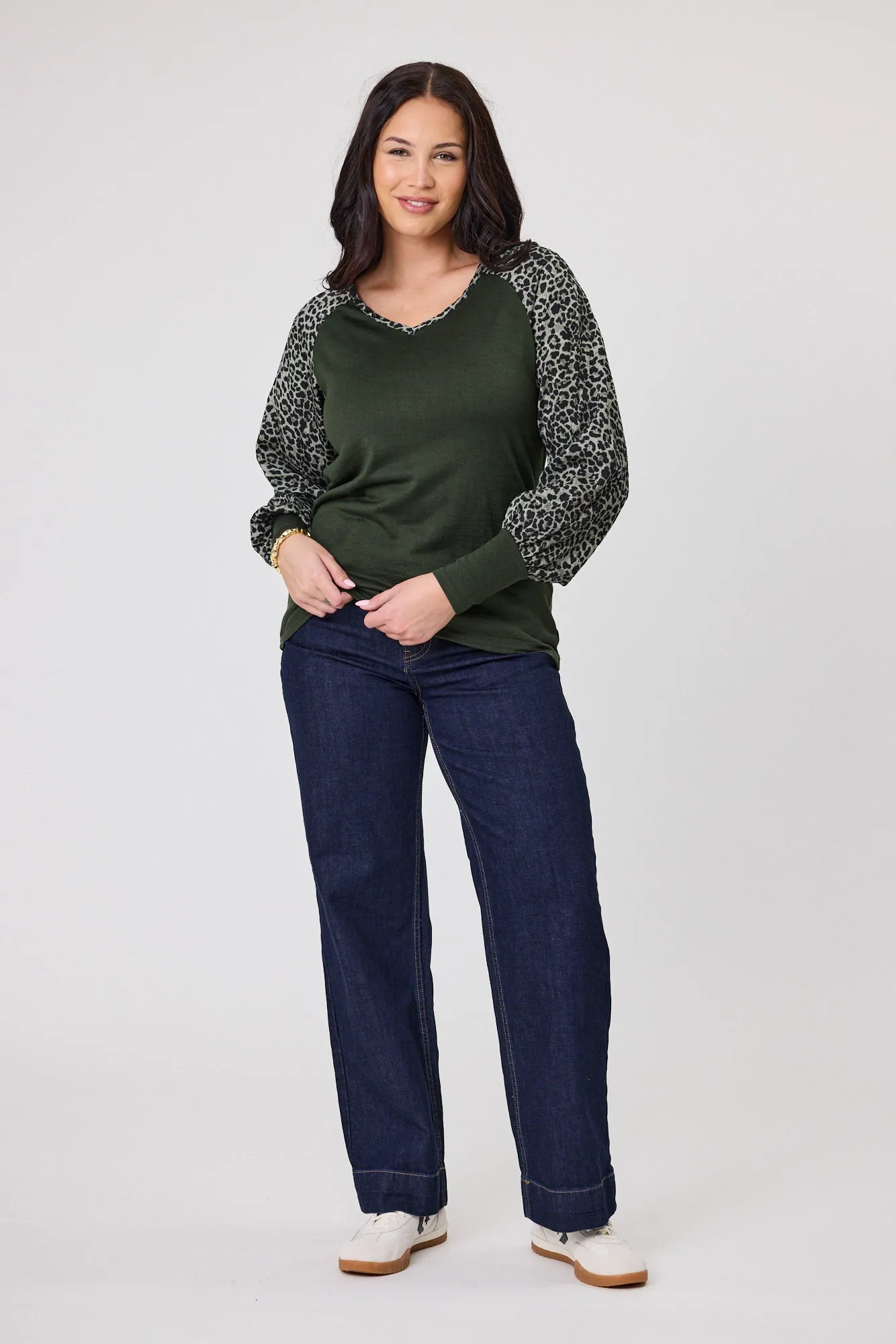 Alpine by Shine On Adeline Top Olive with Animal Print