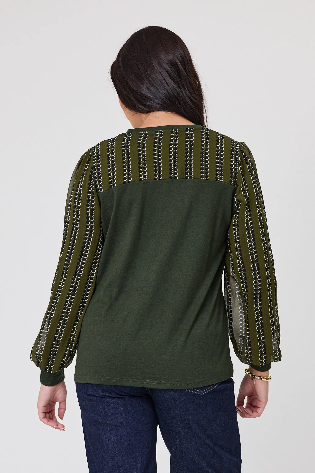 Alpine by Shine On Evelyn Contrast Top Olive with Spot Print