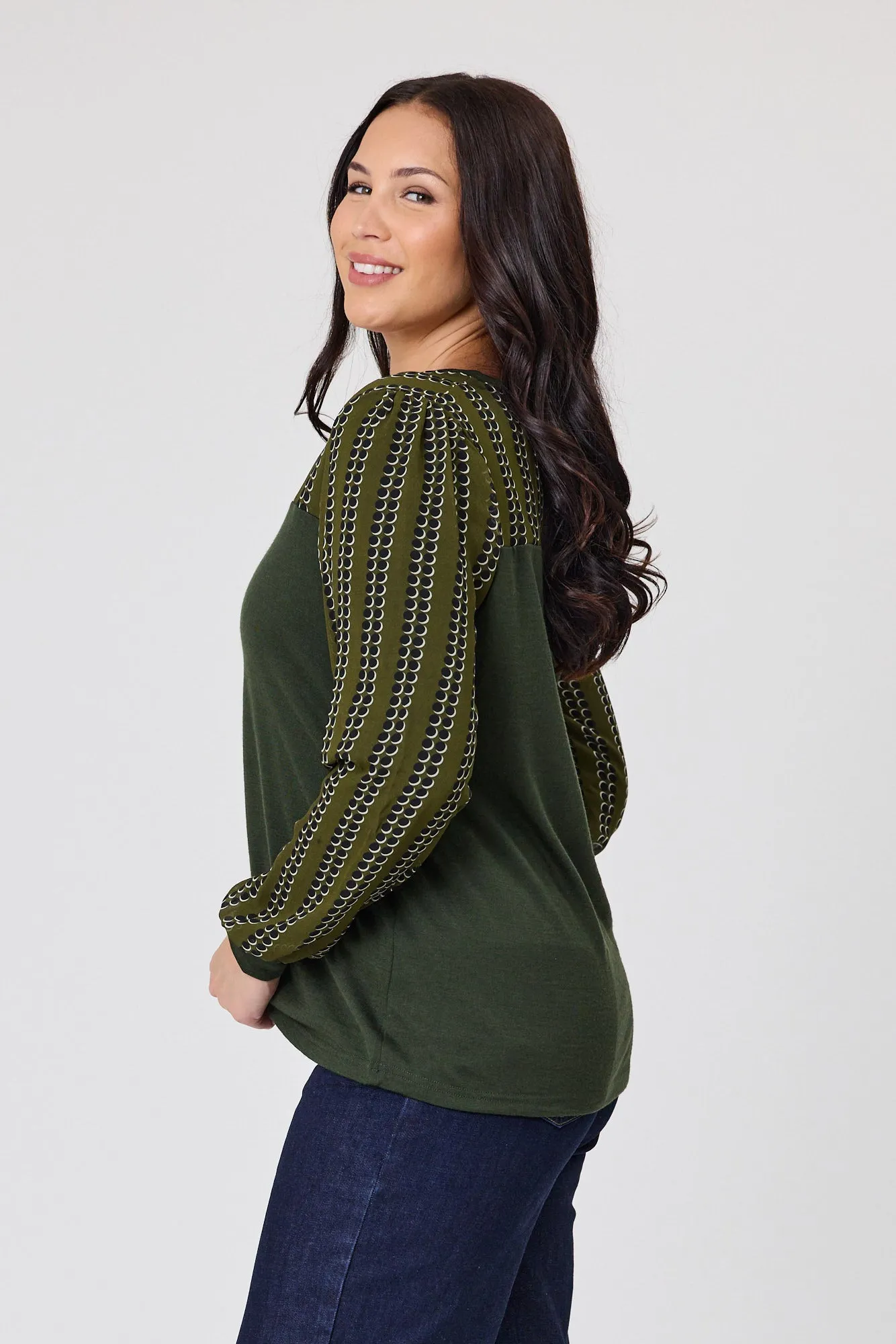 Alpine by Shine On Evelyn Contrast Top Olive with Spot Print
