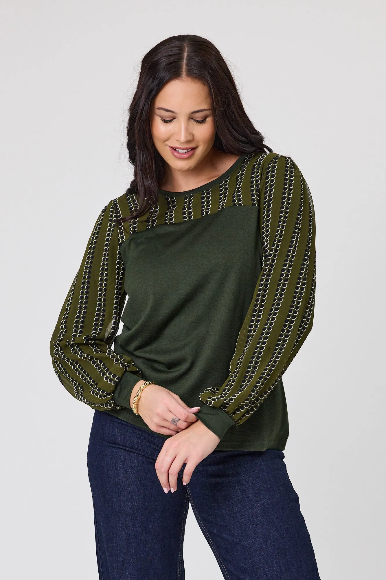 Alpine by Shine On Evelyn Contrast Top Olive with Spot Print