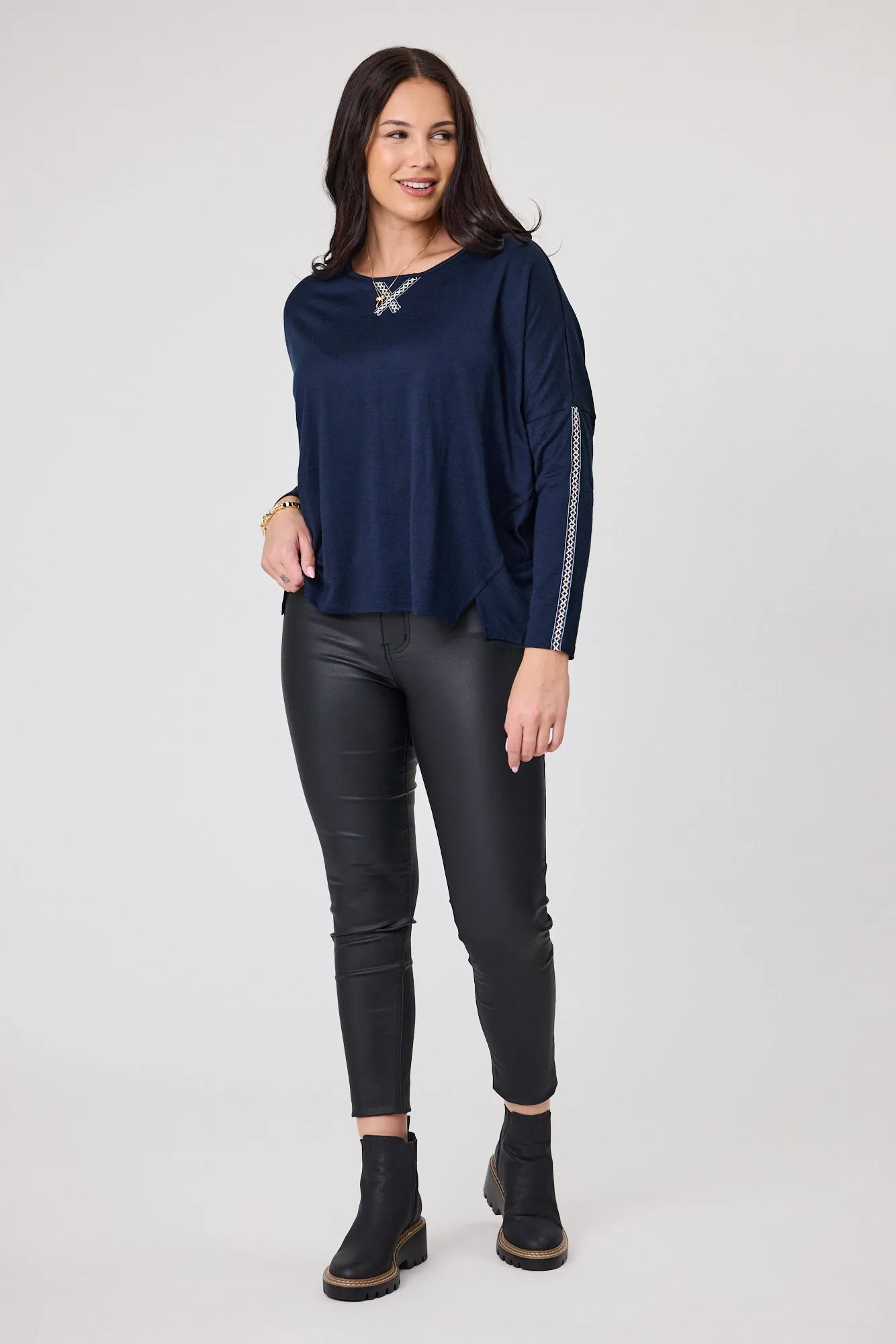 Alpine by Shine On Regina Cross Trim Merino Top Ink