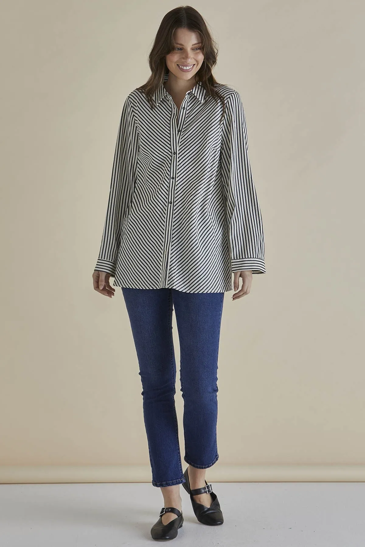Betty Basics Crinkle Shirt Black/White Stripe