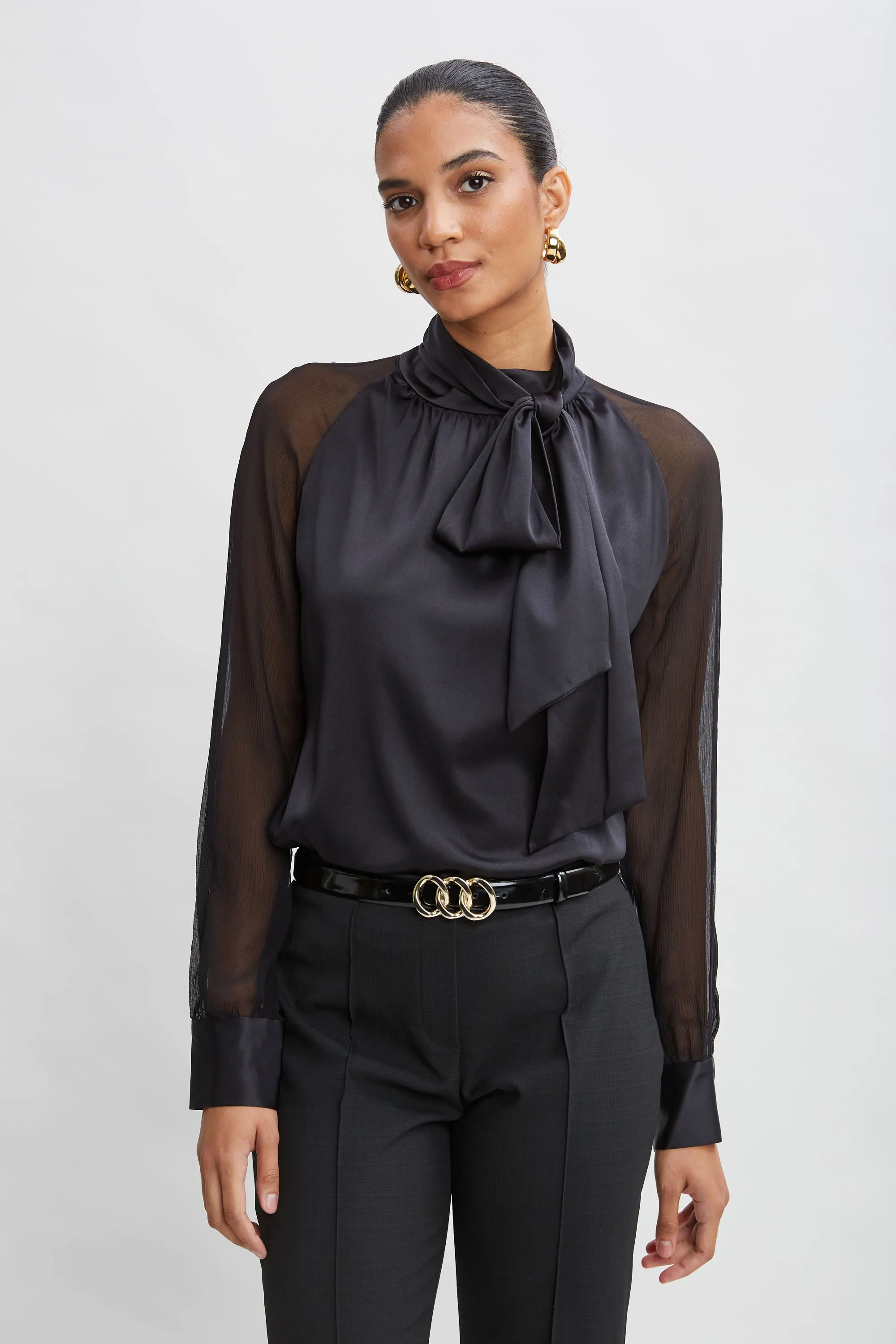Chiffon Sleeve Silk Satin Tie Shirt