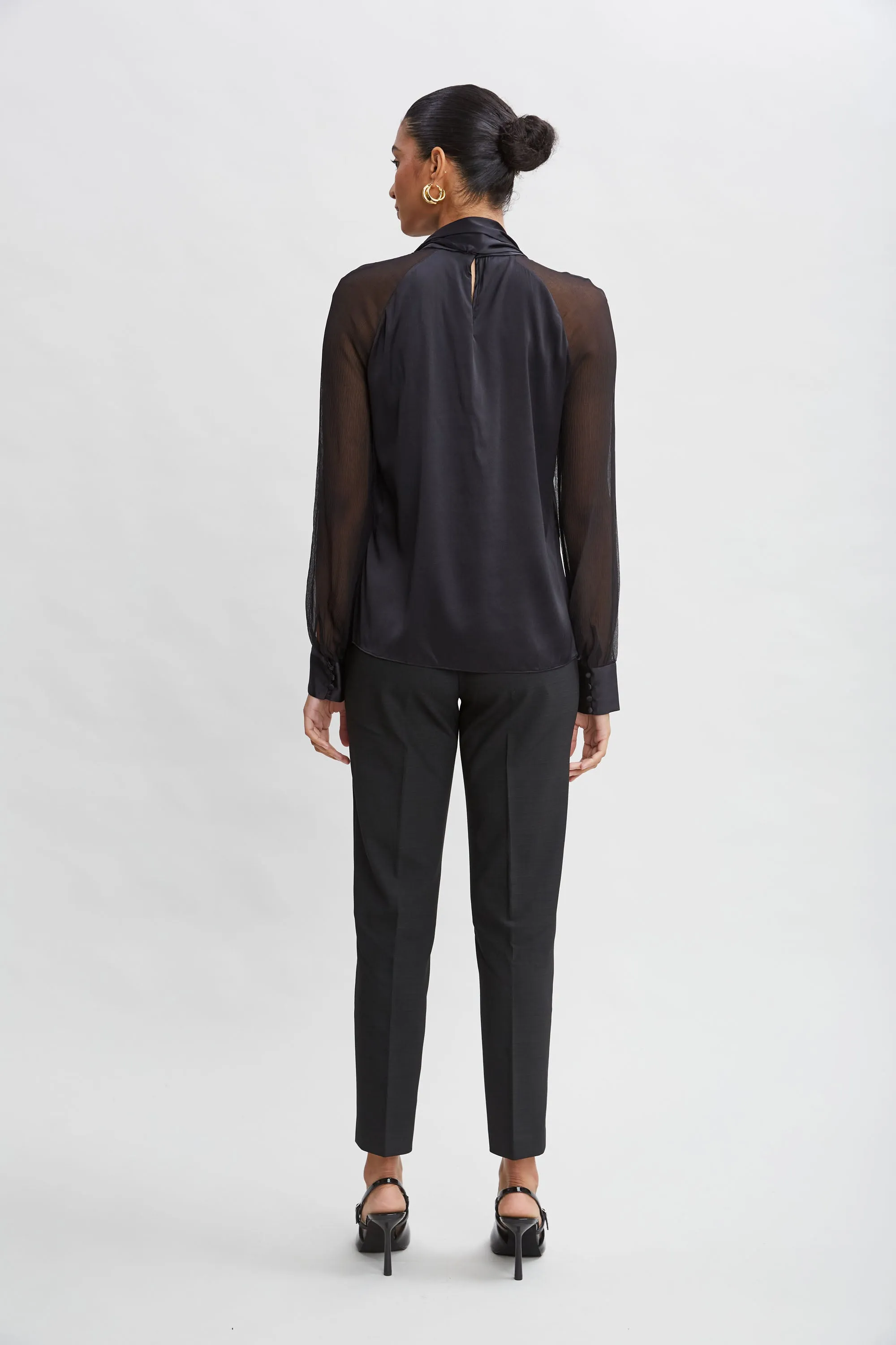 Chiffon Sleeve Silk Satin Tie Shirt