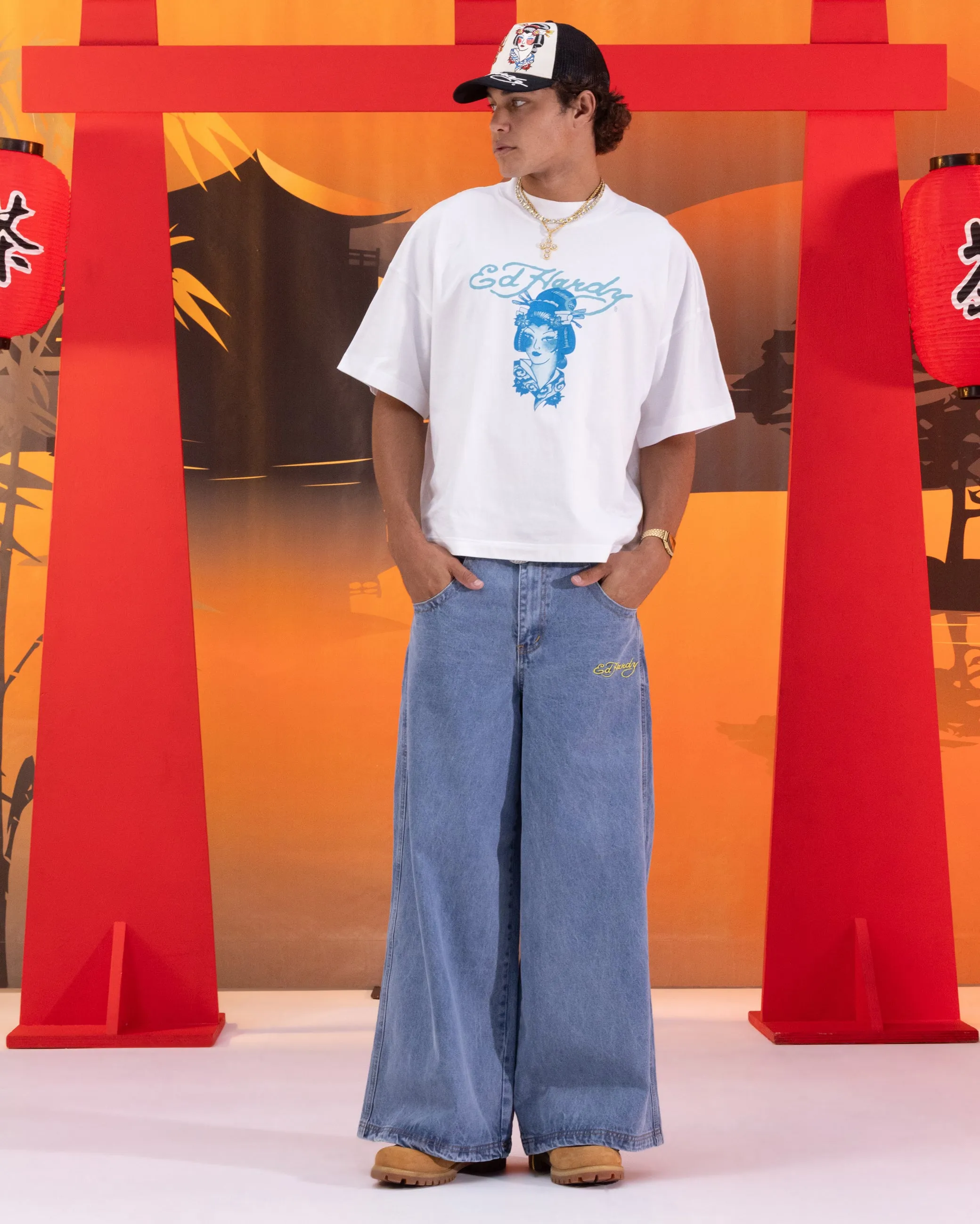 Ed Hardy Ultra Wide Leg Denim Jeans Light Wash Blue