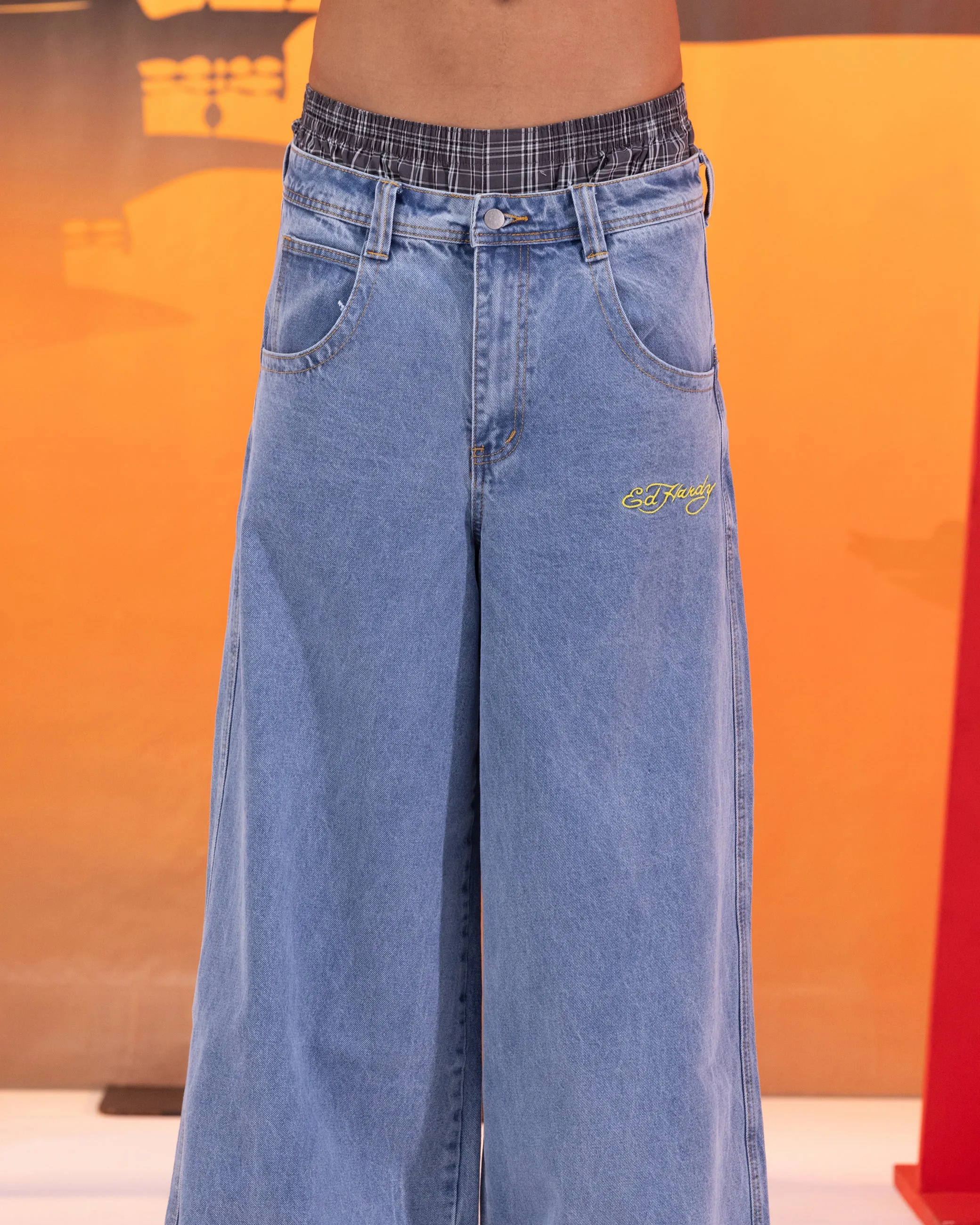 Ed Hardy Ultra Wide Leg Denim Jeans Light Wash Blue