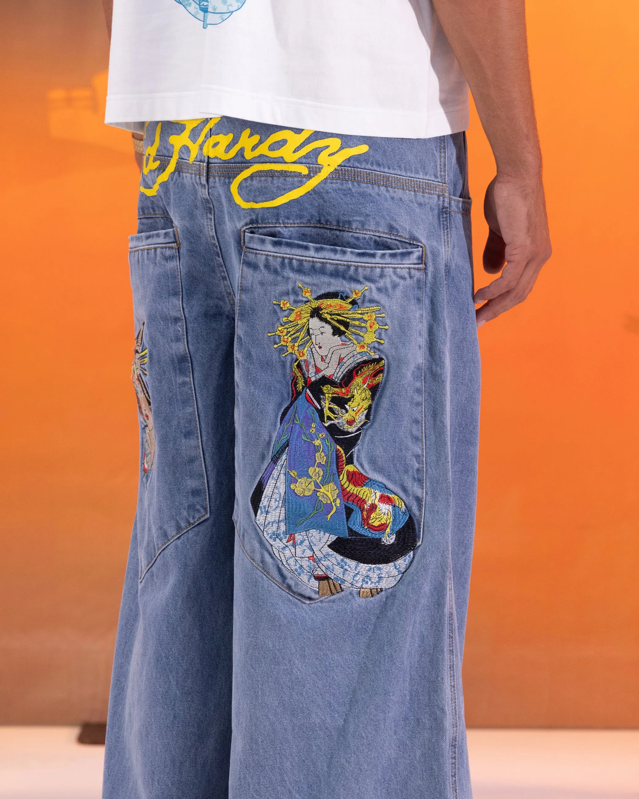 Ed Hardy Ultra Wide Leg Denim Jeans Light Wash Blue