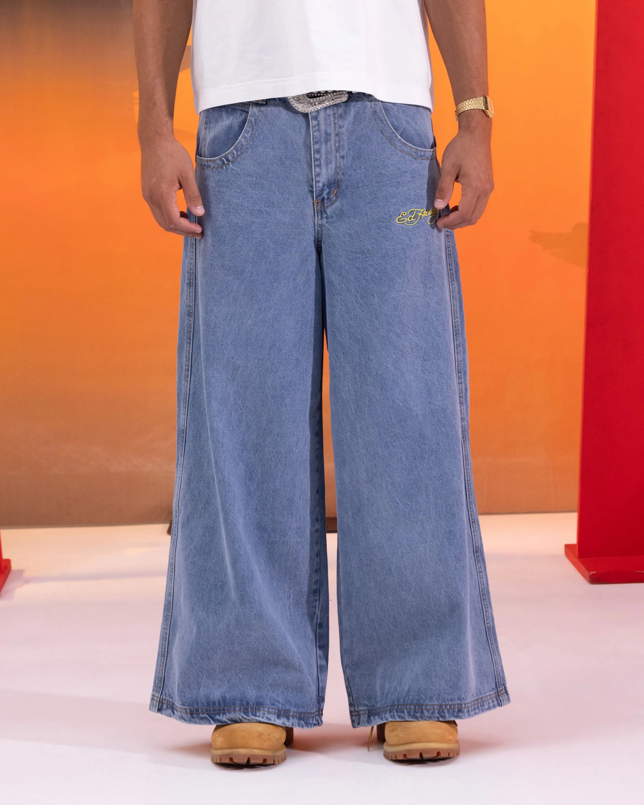 Ed Hardy Ultra Wide Leg Denim Jeans Light Wash Blue