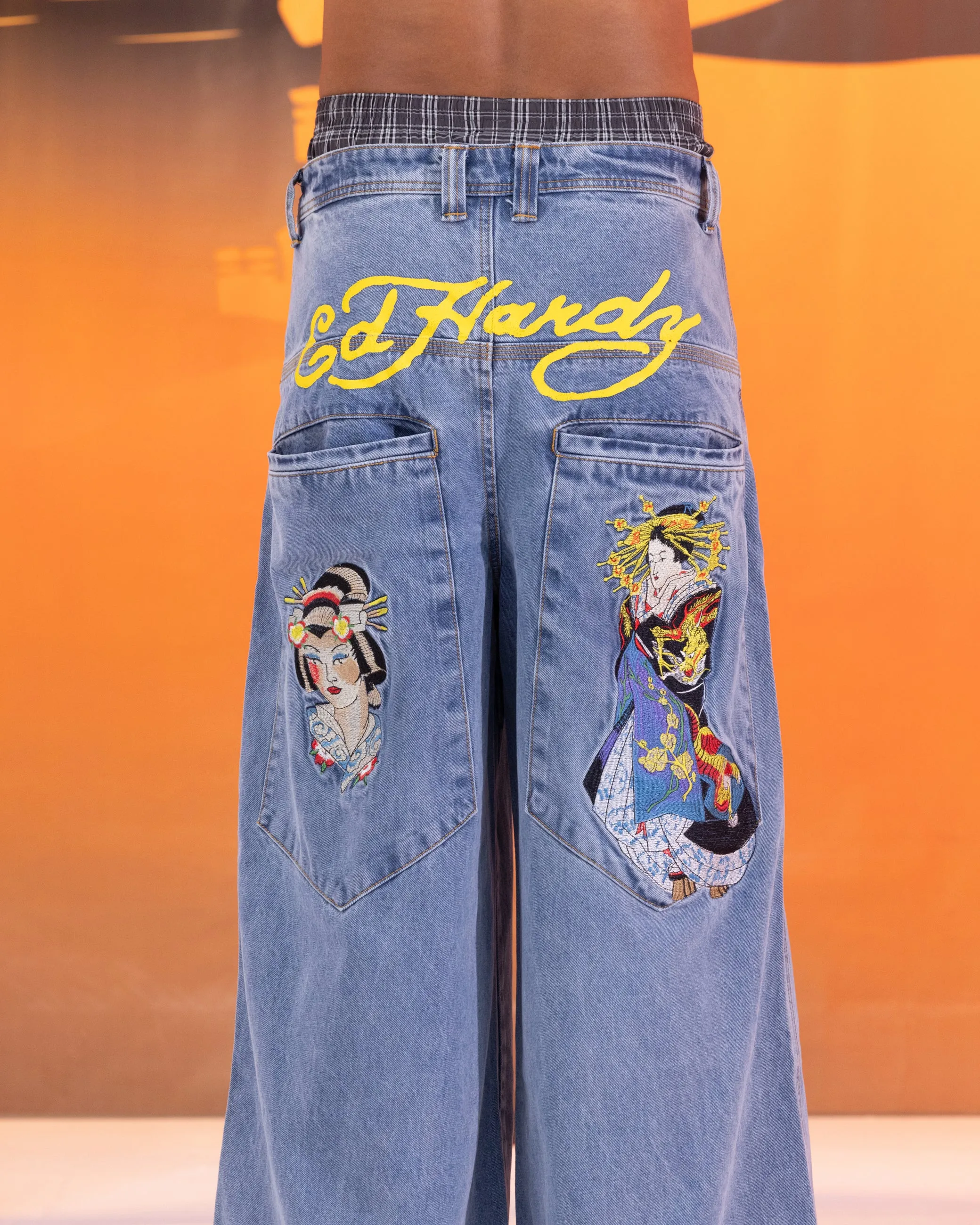 Ed Hardy Ultra Wide Leg Denim Jeans Light Wash Blue