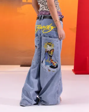 Ed Hardy Ultra Wide Leg Denim Jeans Light Wash Blue