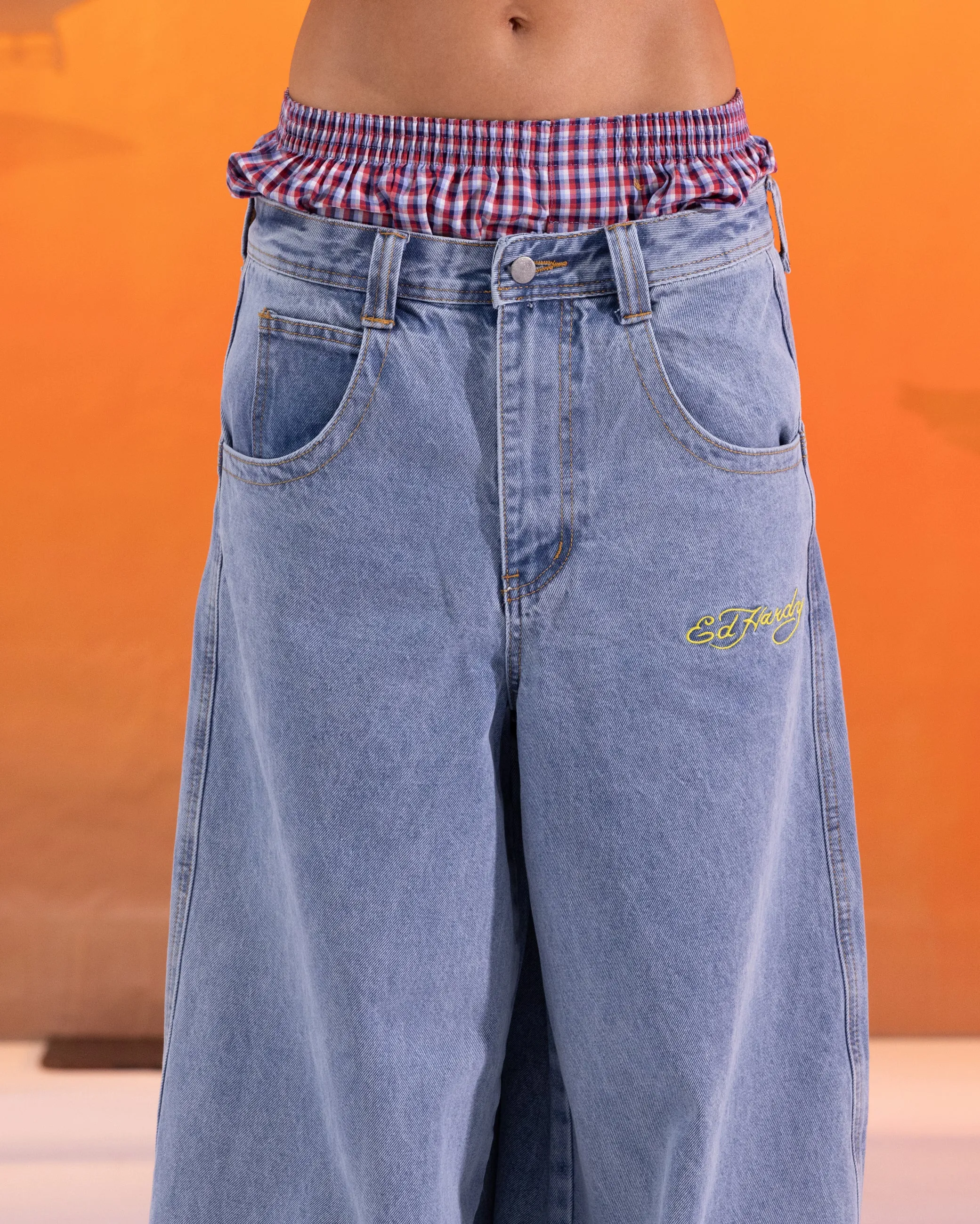 Ed Hardy Ultra Wide Leg Denim Jeans Light Wash Blue