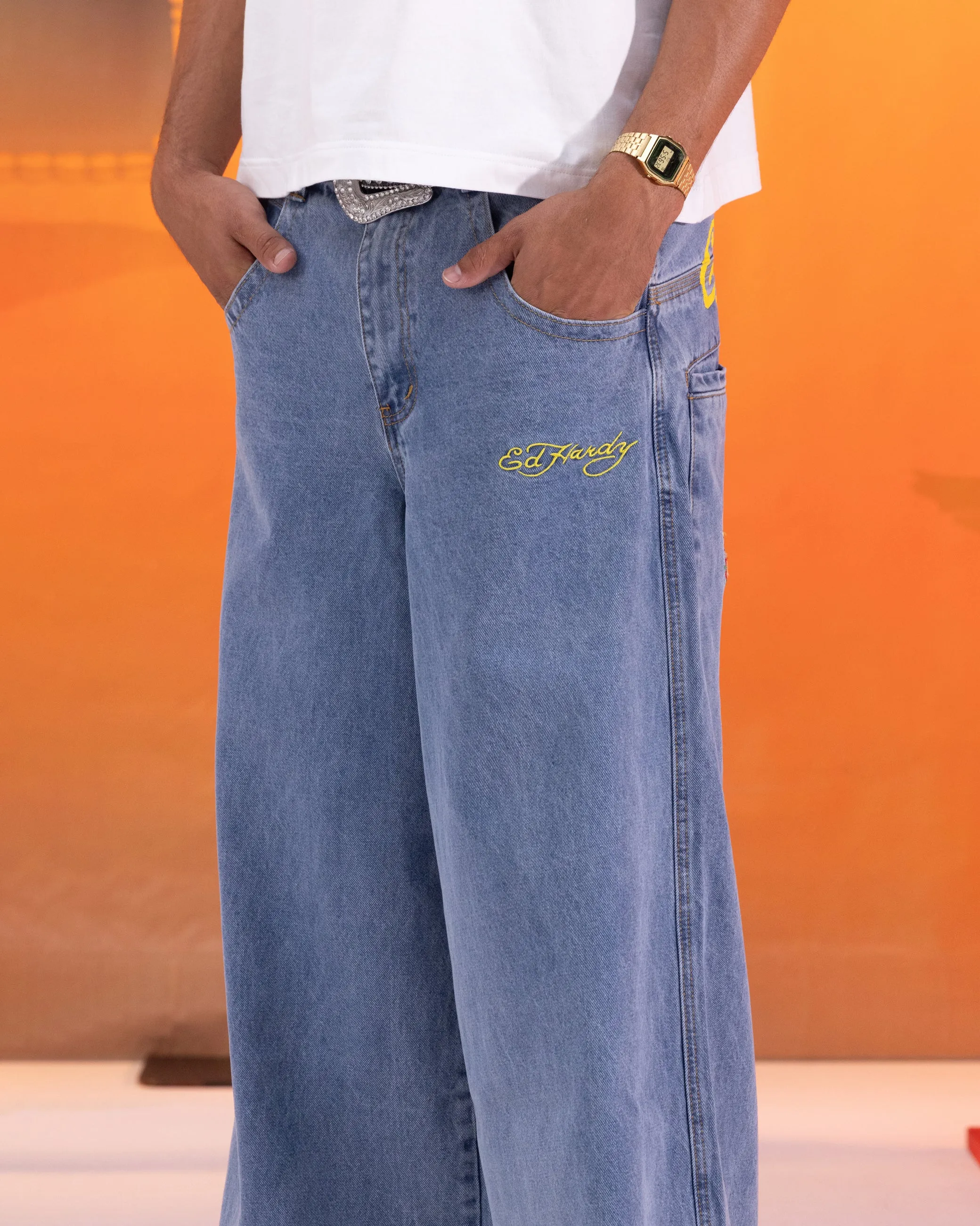 Ed Hardy Ultra Wide Leg Denim Jeans Light Wash Blue