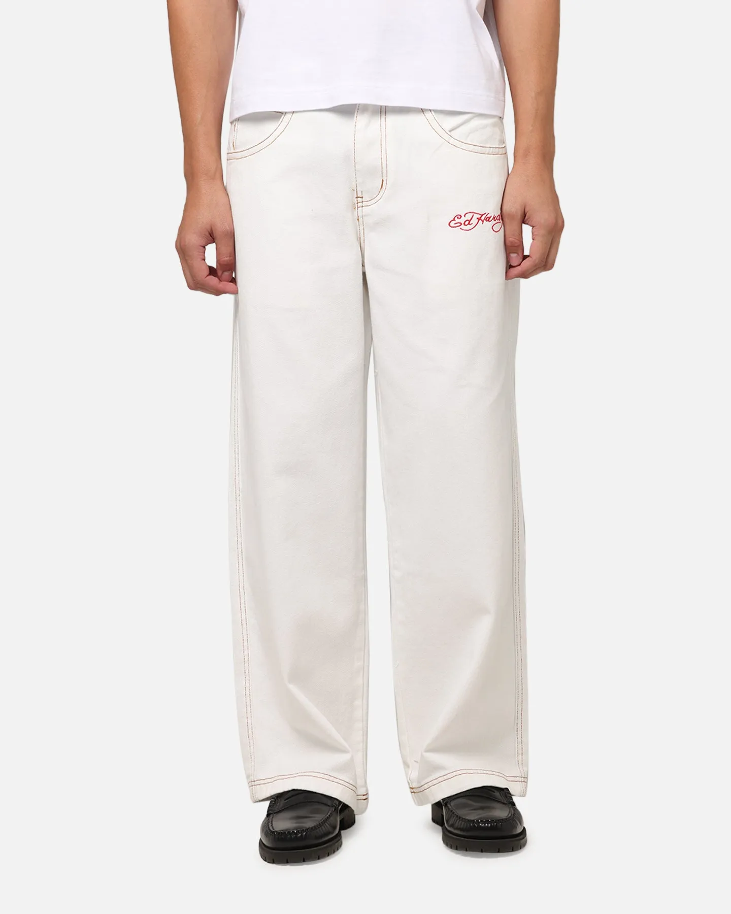 Ed Hardy Ultra Wide Leg Denim Jeans Off White