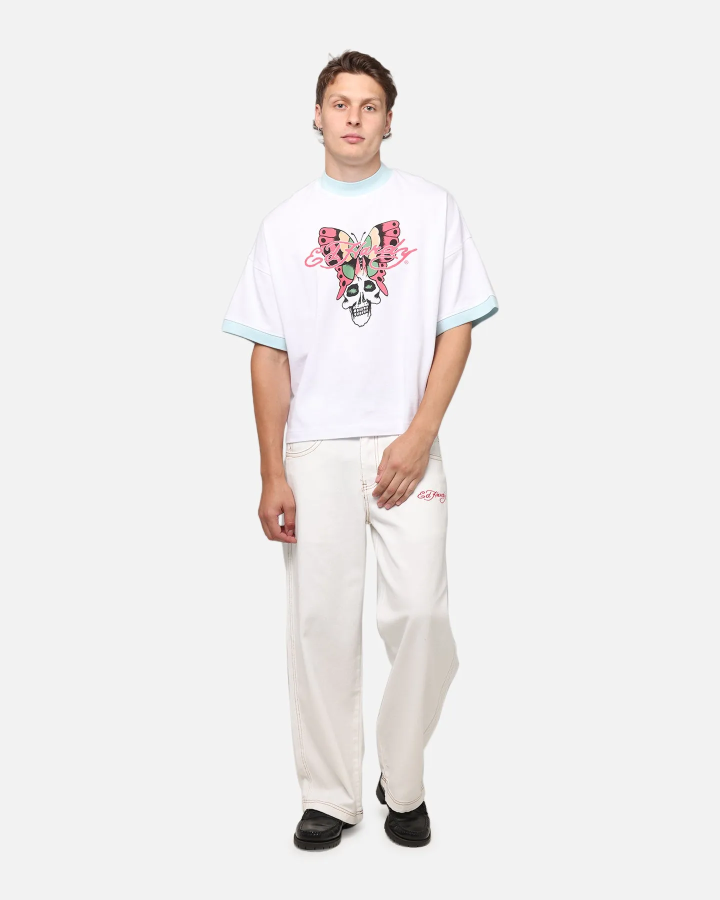 Ed Hardy Ultra Wide Leg Denim Jeans Off White