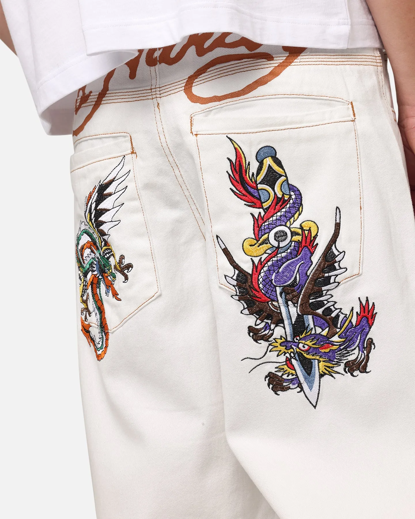 Ed Hardy Ultra Wide Leg Denim Jeans Off White