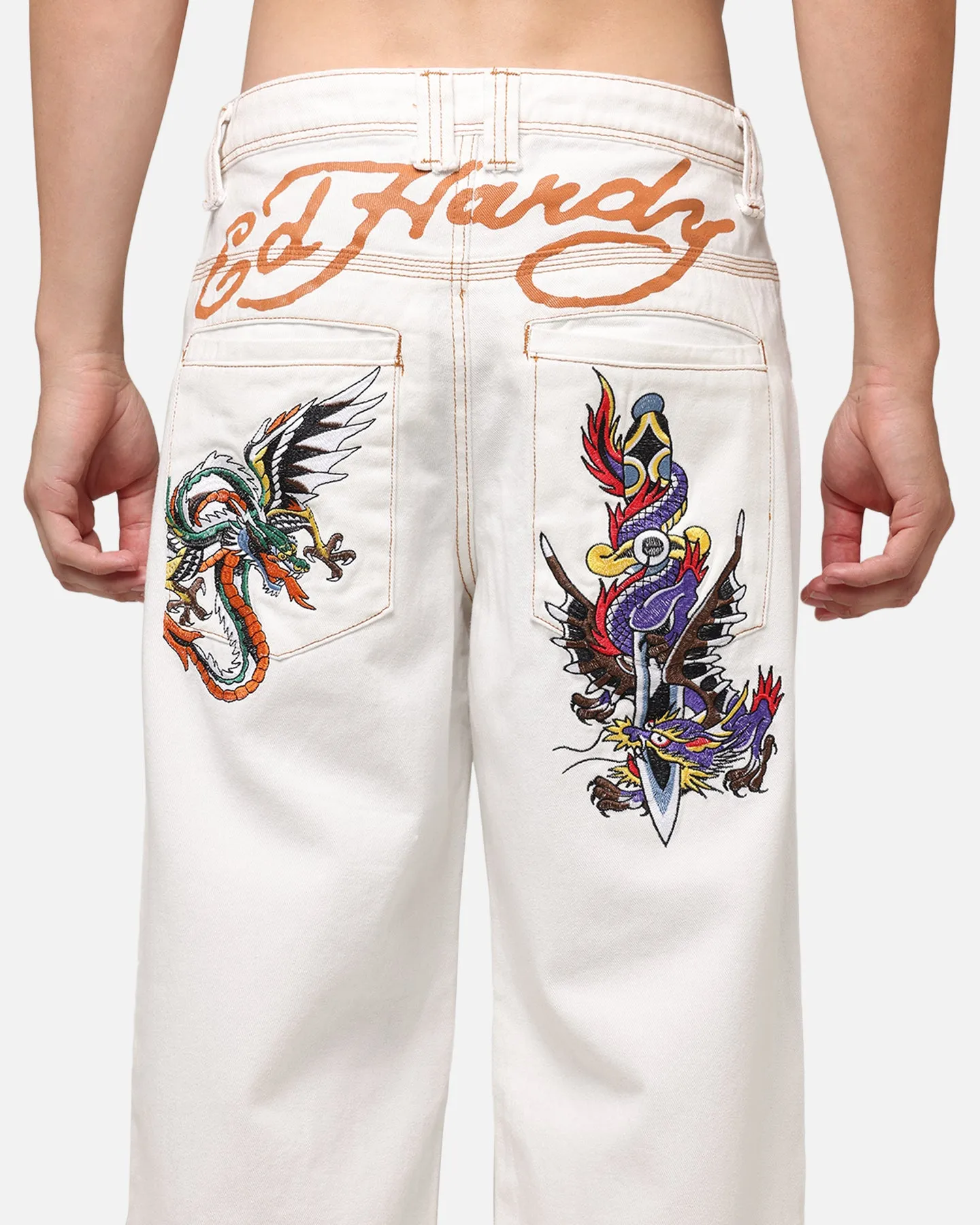 Ed Hardy Ultra Wide Leg Denim Jeans Off White