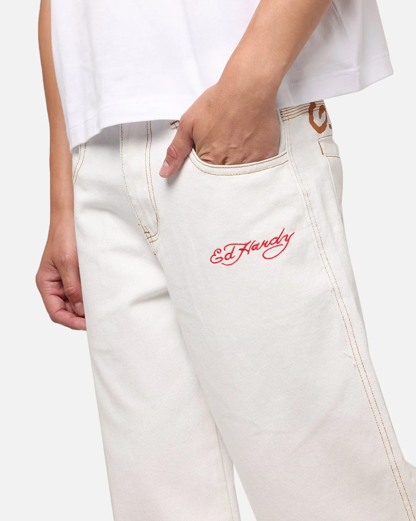 Ed Hardy Ultra Wide Leg Denim Jeans Off White