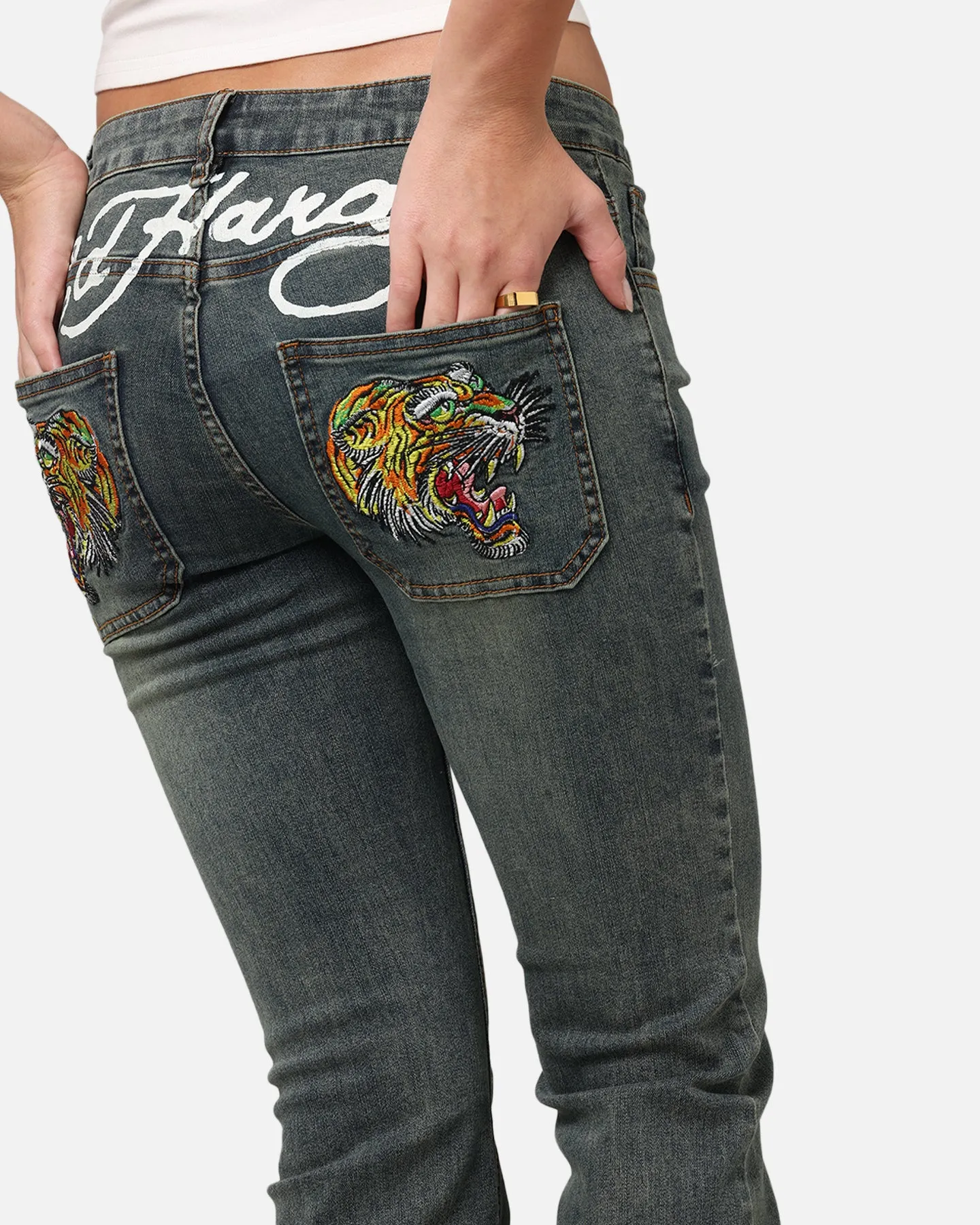 Ed Hardy Women's Tiger Bootcut Jeans Dirty Blue