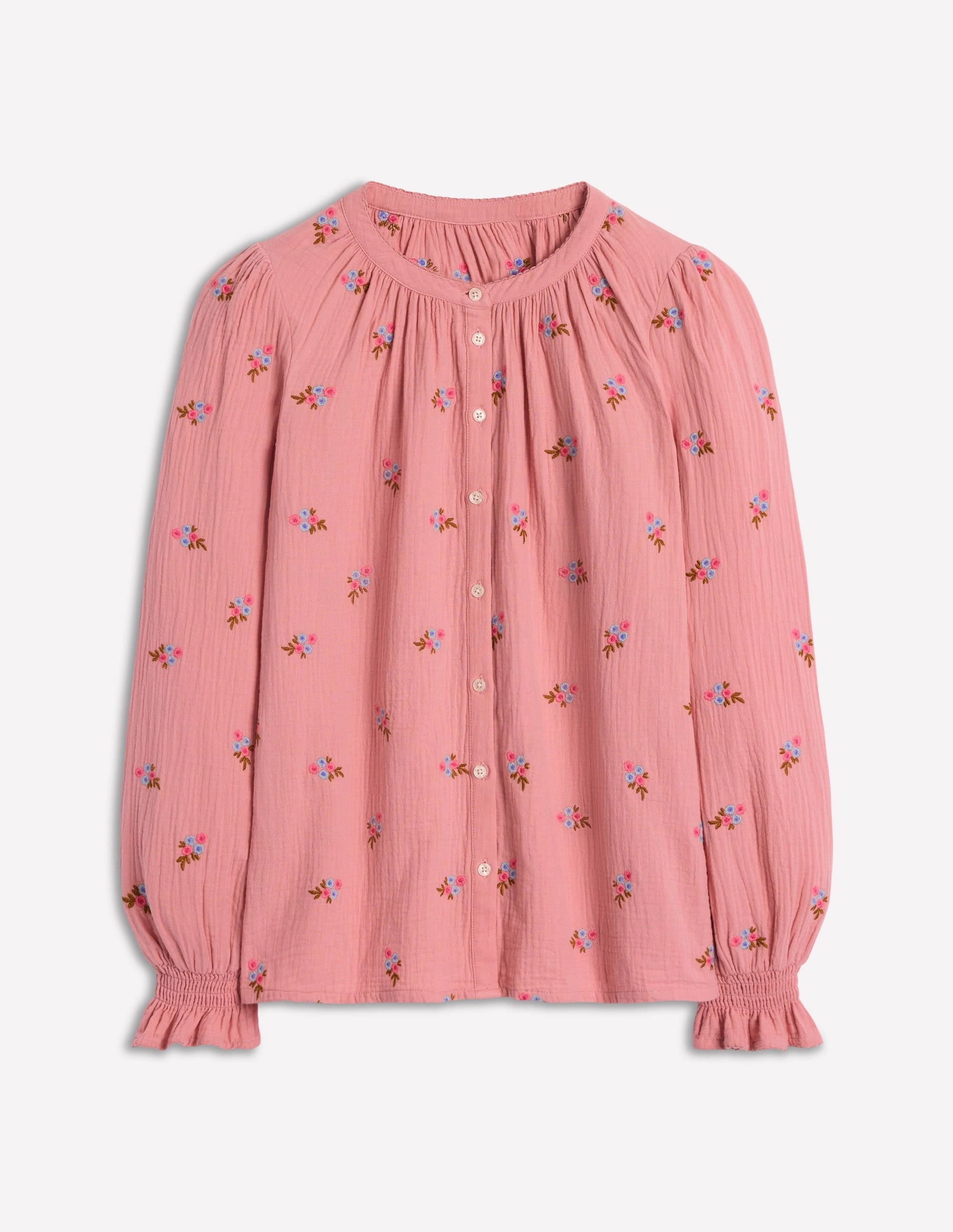 Evie Double Cloth Top-Almond Pink, Floral Embroidery