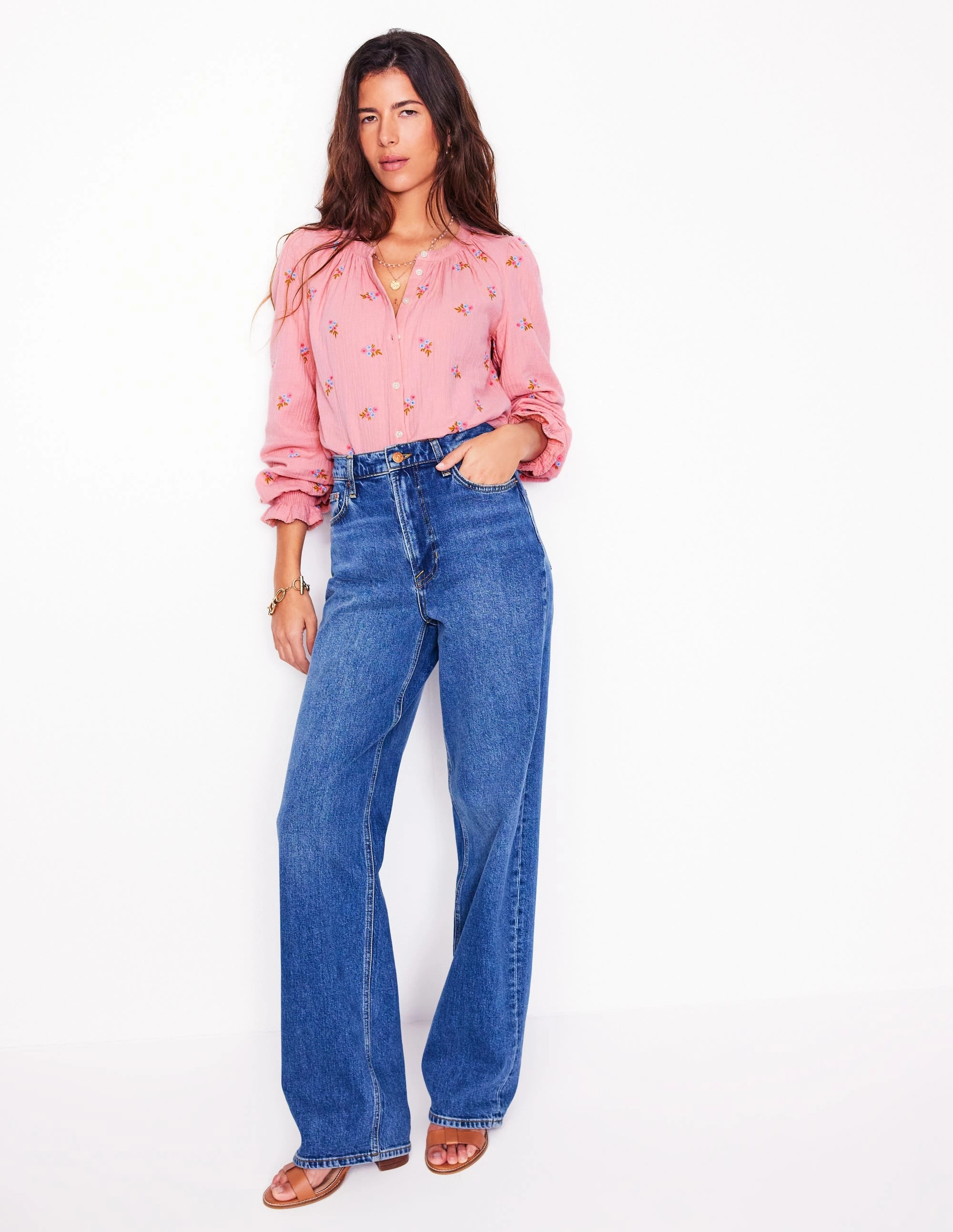 Evie Double Cloth Top-Almond Pink, Floral Embroidery