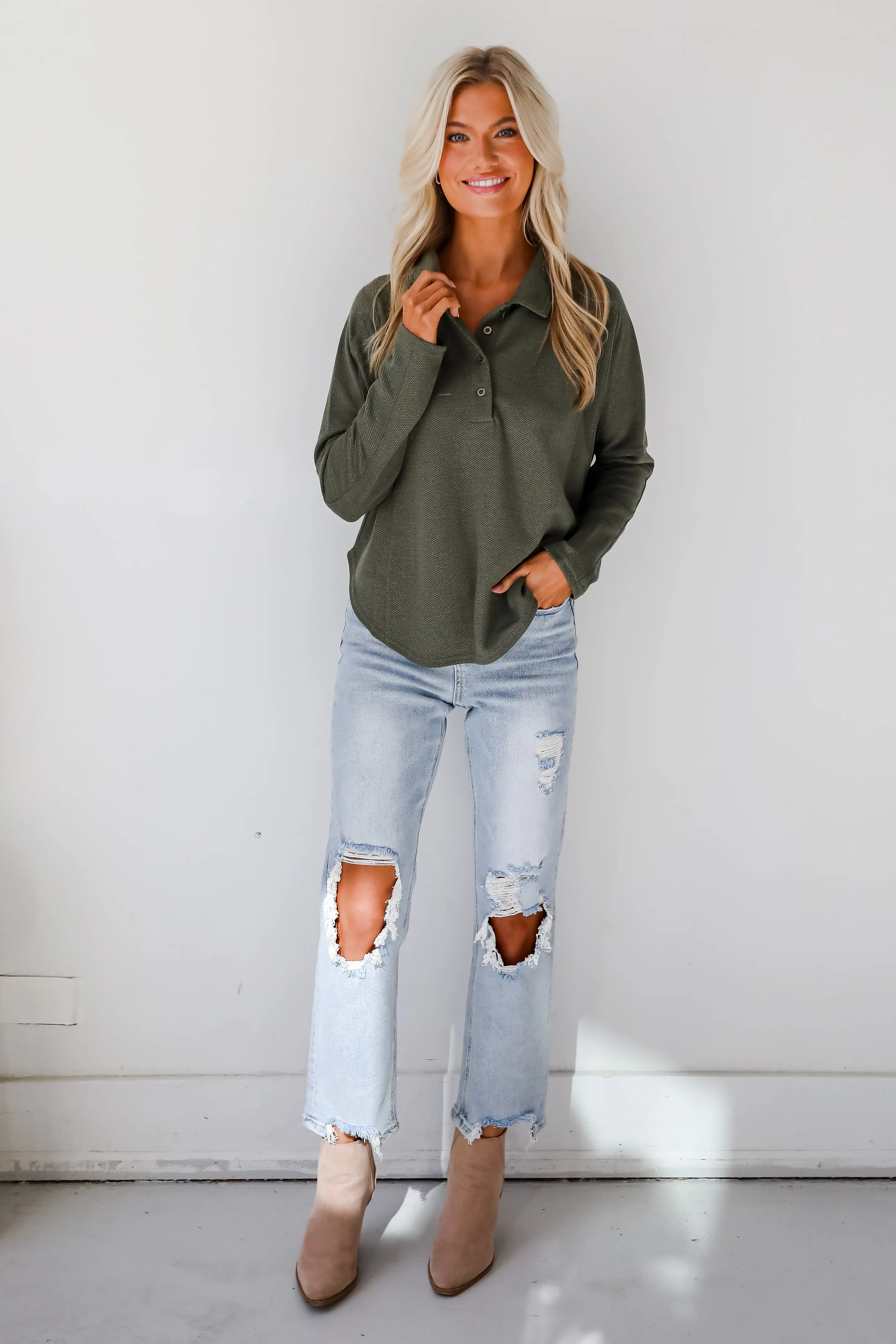 FINAL SALE - Ella Olive Collared Top - DOORBUSTER