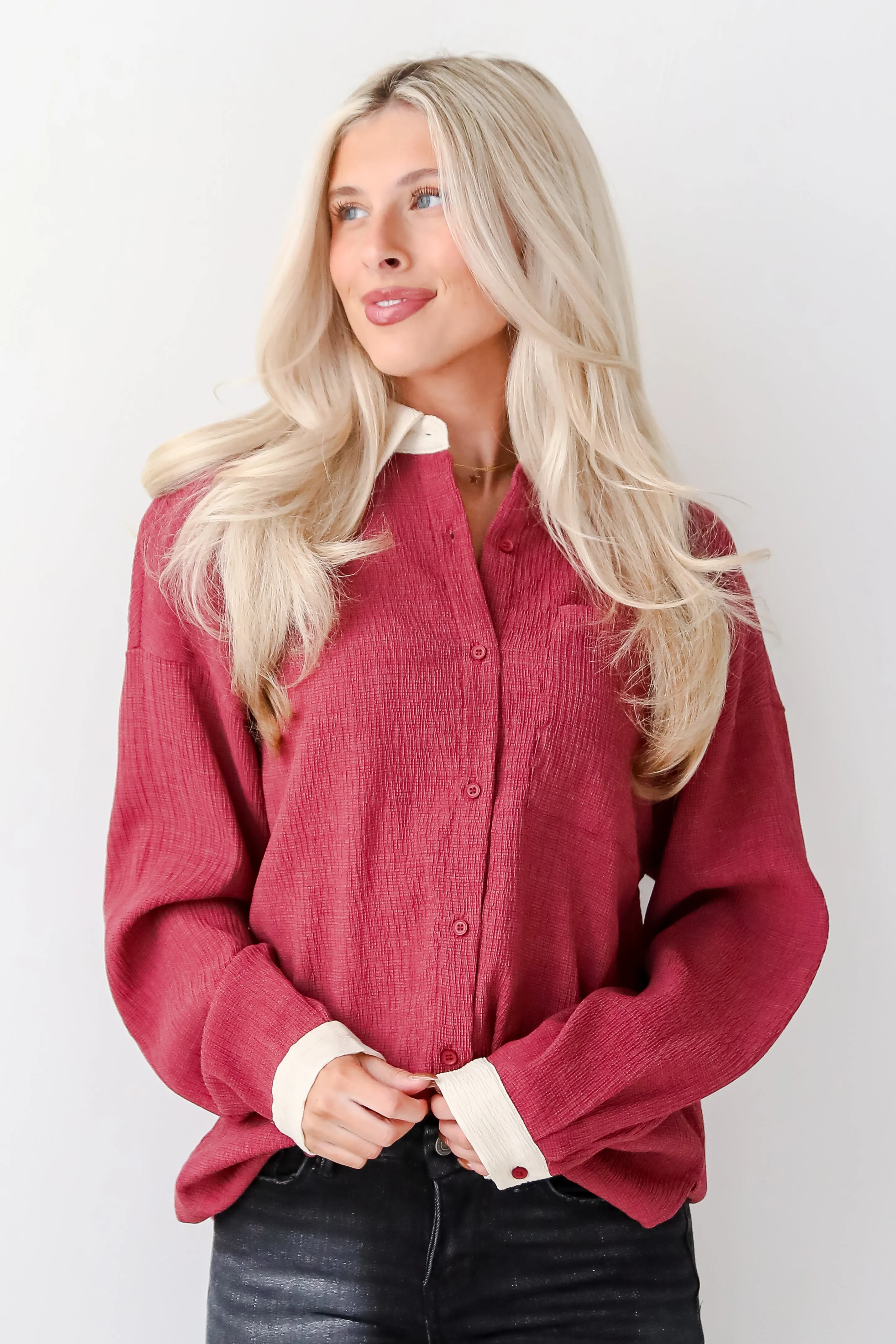 FINAL SALE - Instant Stunner Burgundy Textured Button-Up Blouse