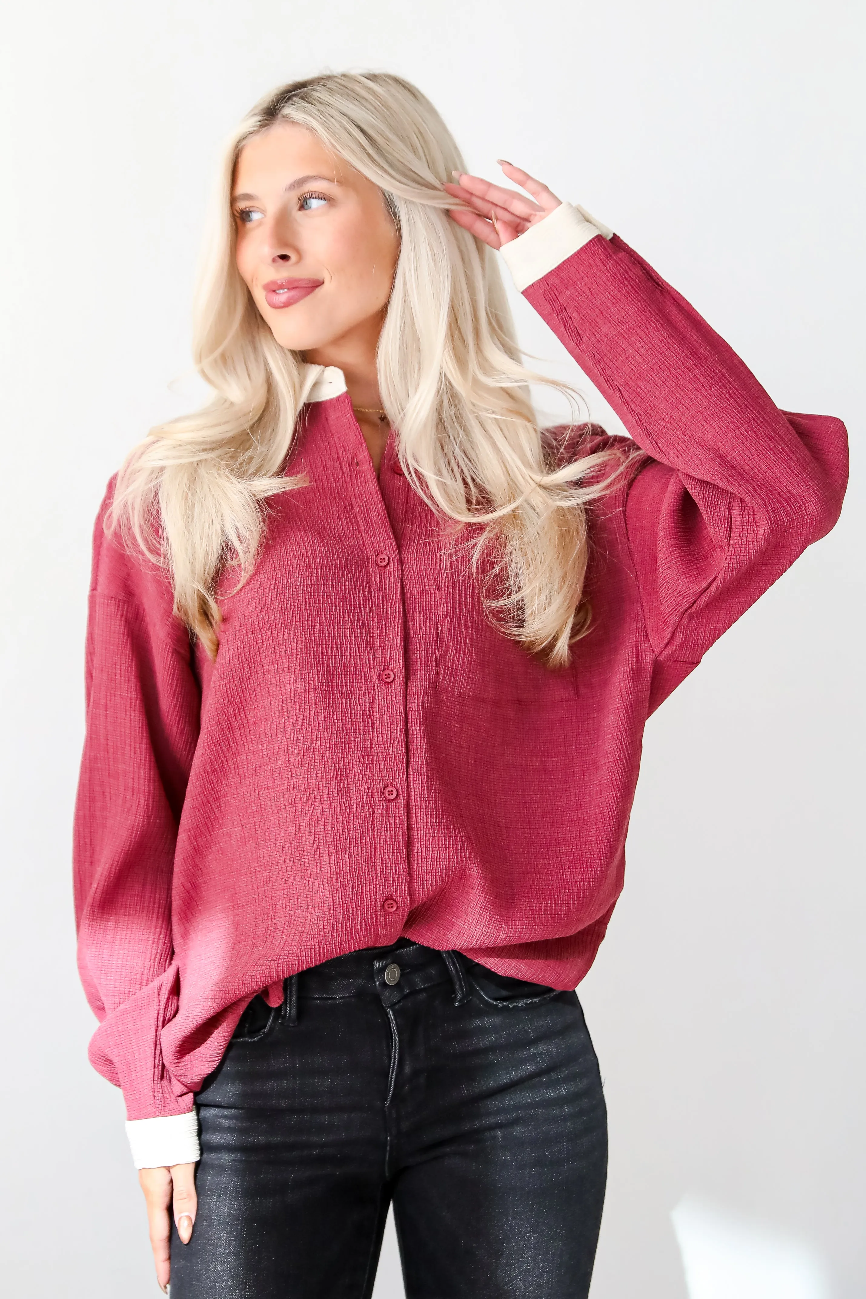 FINAL SALE - Instant Stunner Burgundy Textured Button-Up Blouse