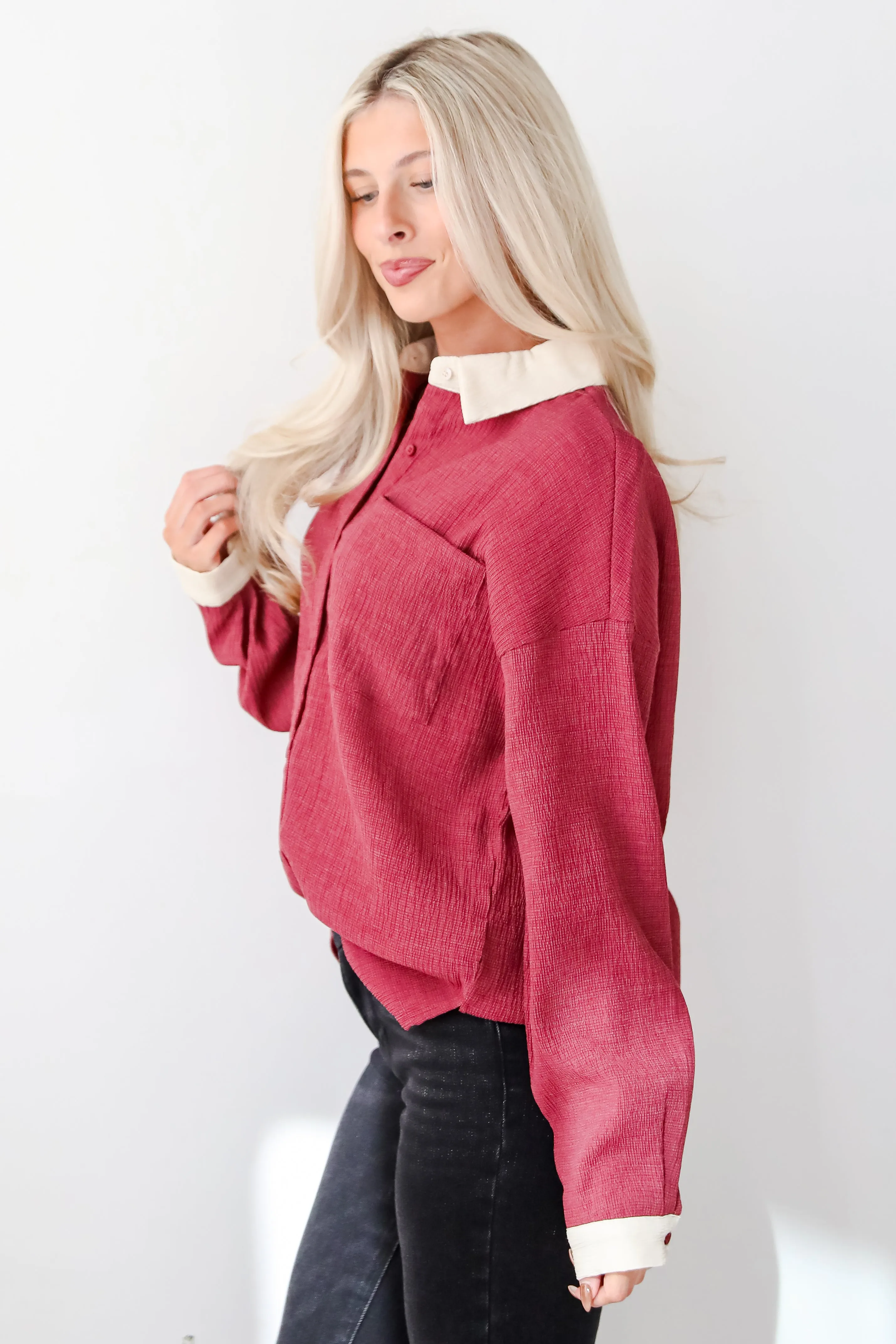 FINAL SALE - Instant Stunner Burgundy Textured Button-Up Blouse