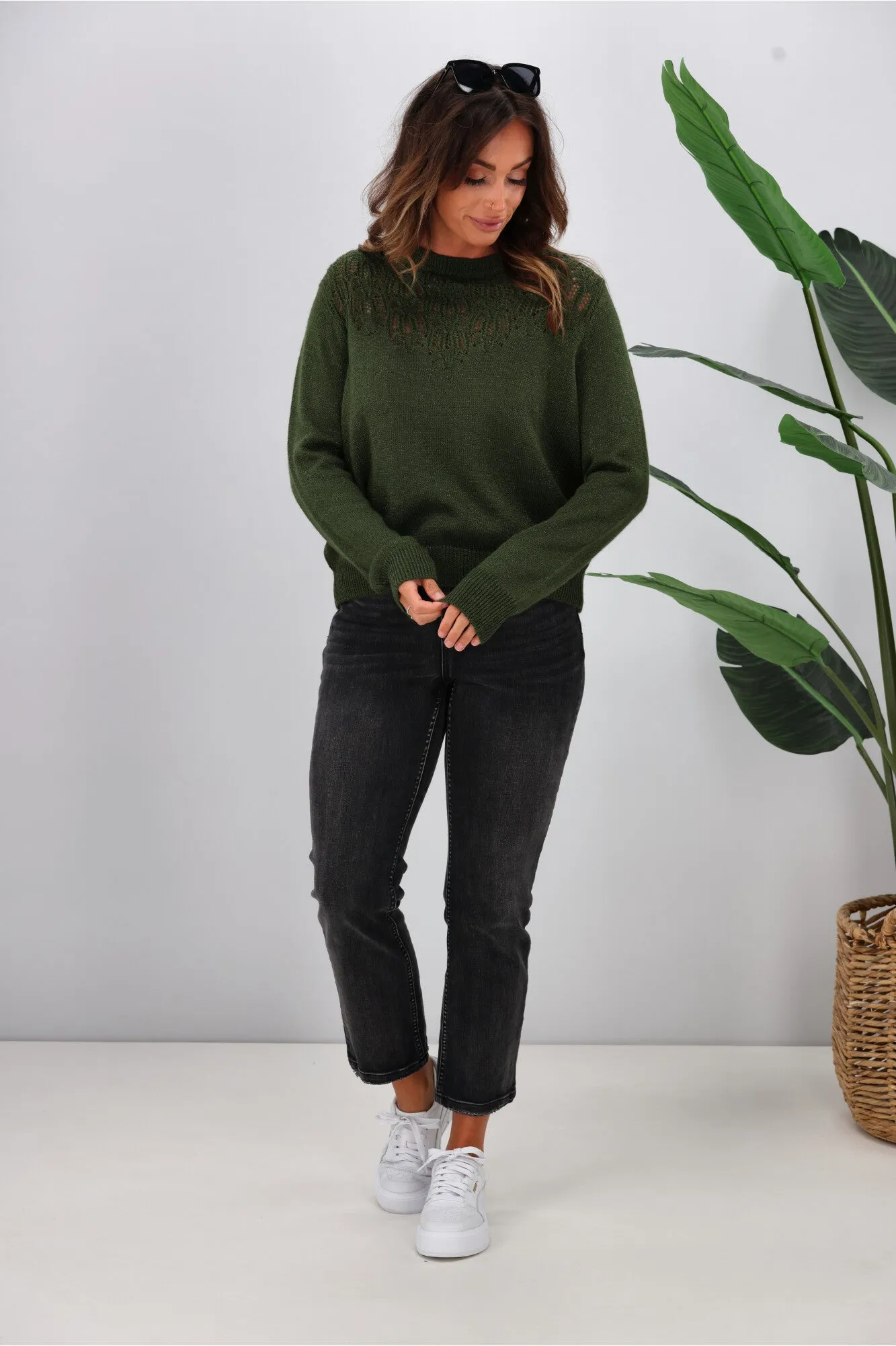 Gloss by Shine On Phoenix Pointelle Jumper Olive