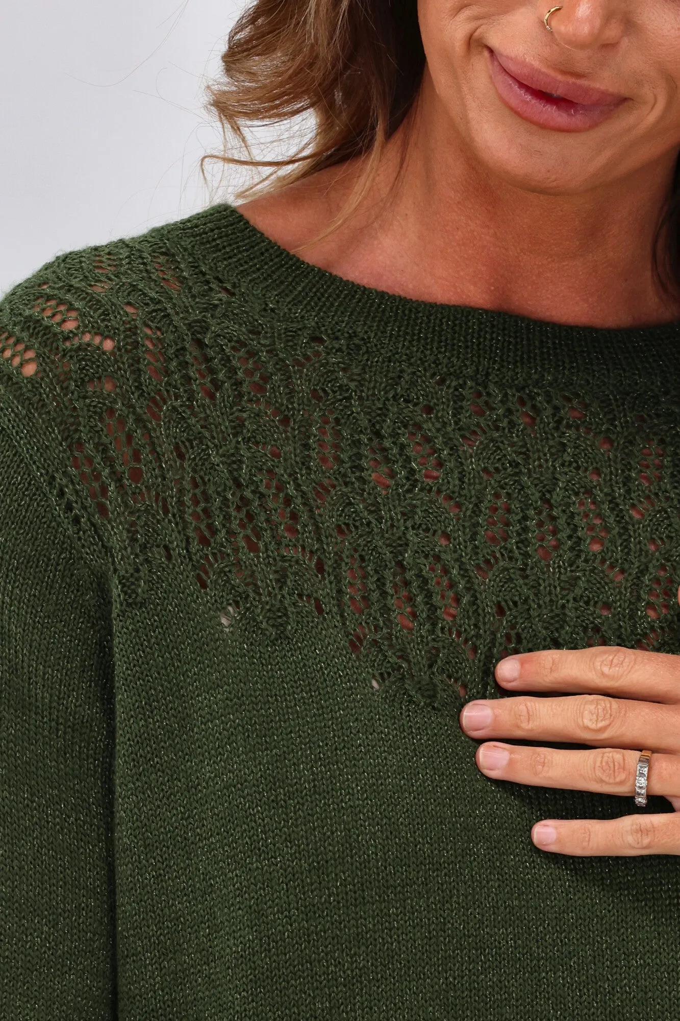 Gloss by Shine On Phoenix Pointelle Jumper Olive