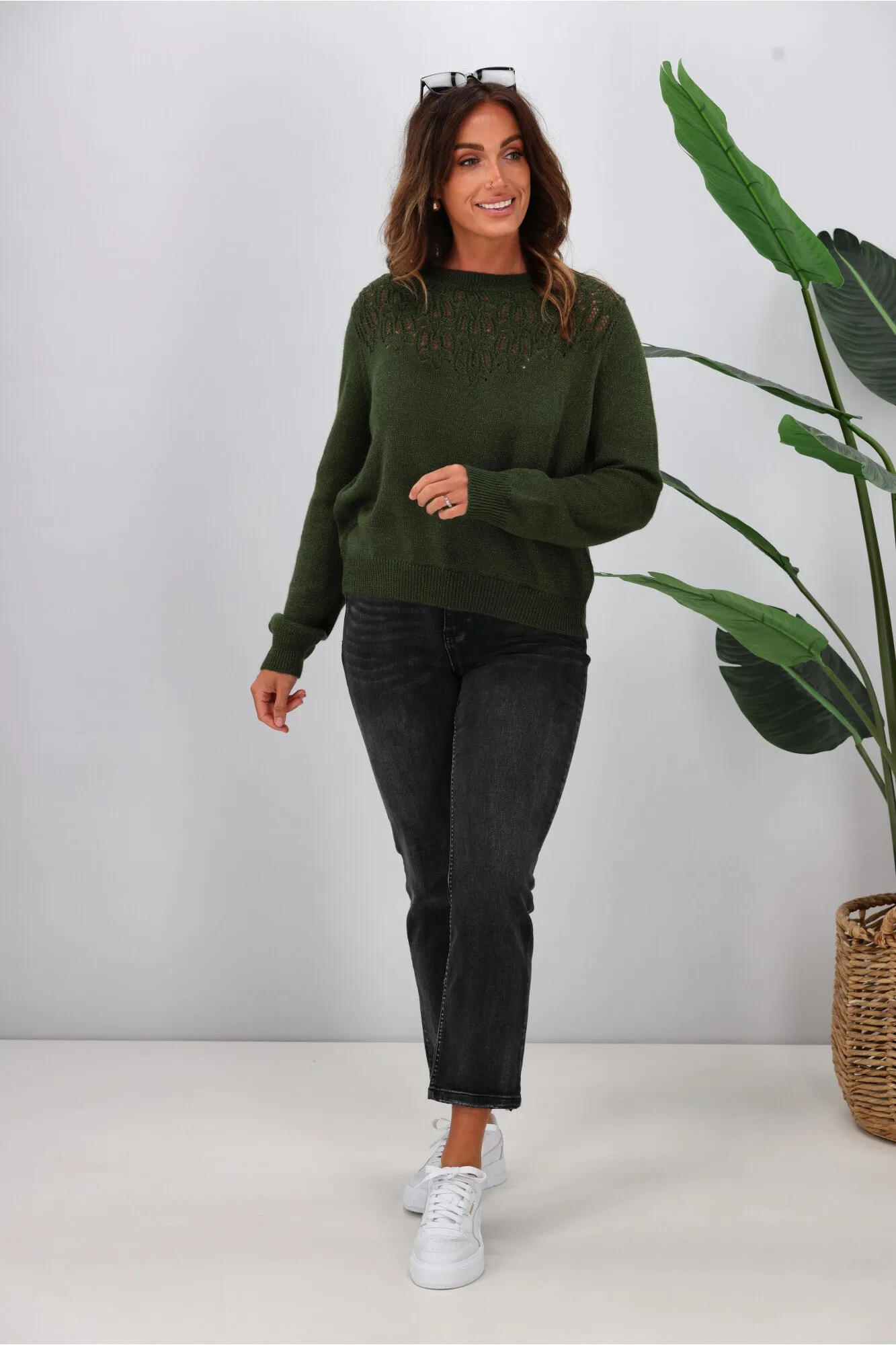 Gloss by Shine On Phoenix Pointelle Jumper Olive