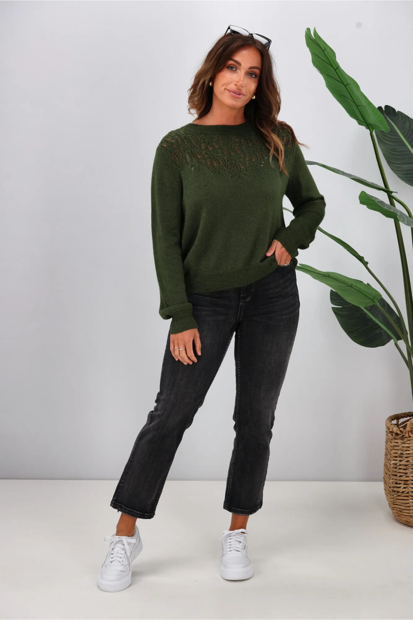 Gloss by Shine On Phoenix Pointelle Jumper Olive