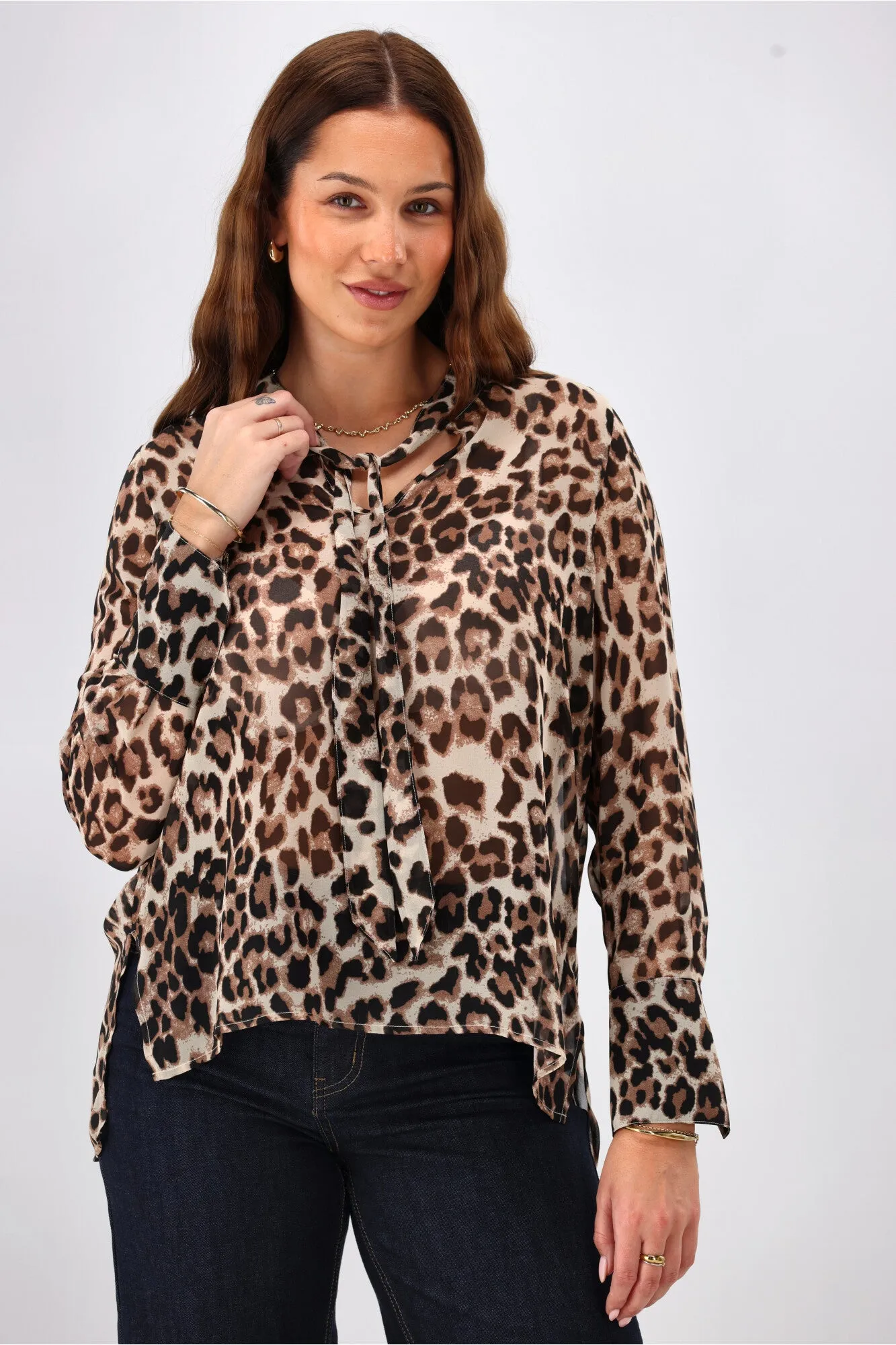 Gloss the Label Cecelia Chiffon Neck Tie Blouse Animal Print