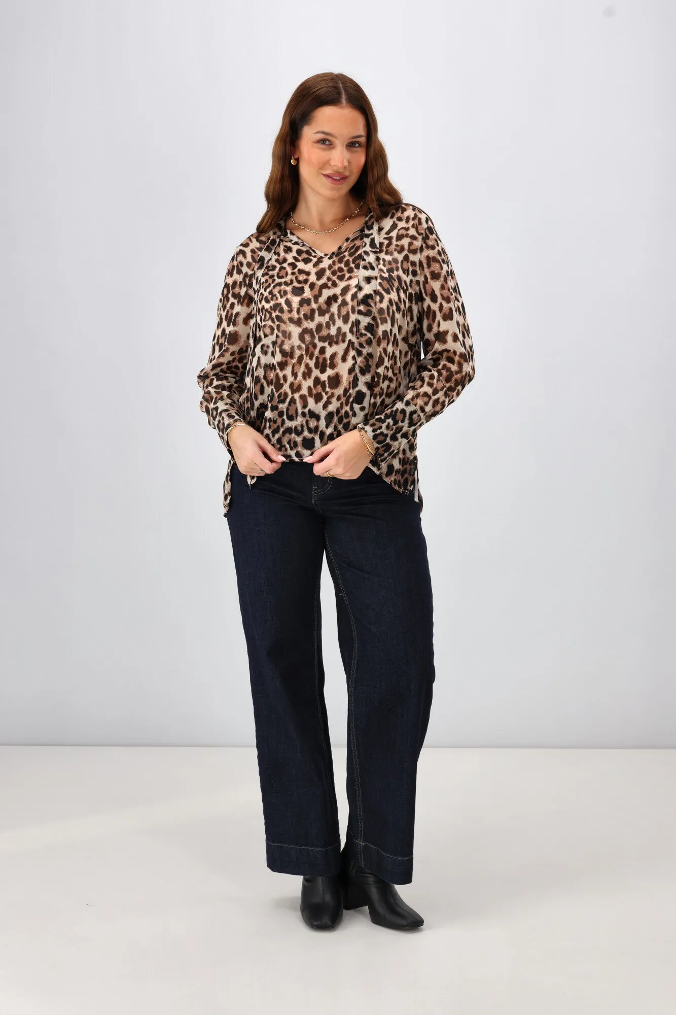 Gloss the Label Cecelia Chiffon Neck Tie Blouse Animal Print