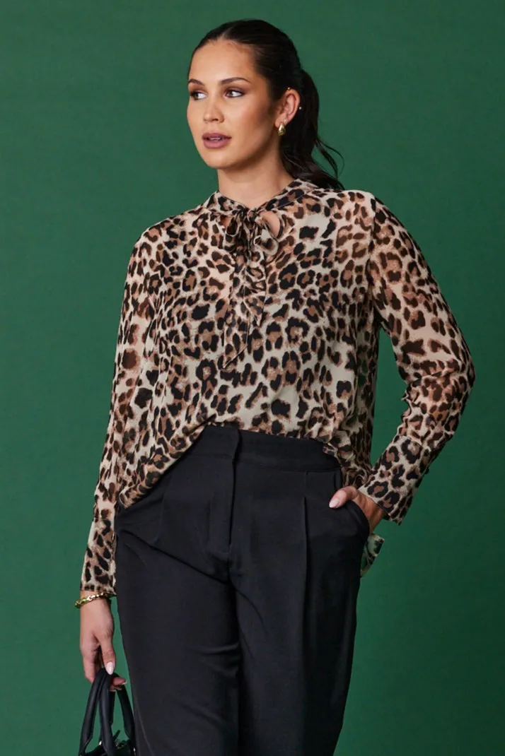 Gloss the Label Cecelia Chiffon Neck Tie Blouse Animal Print