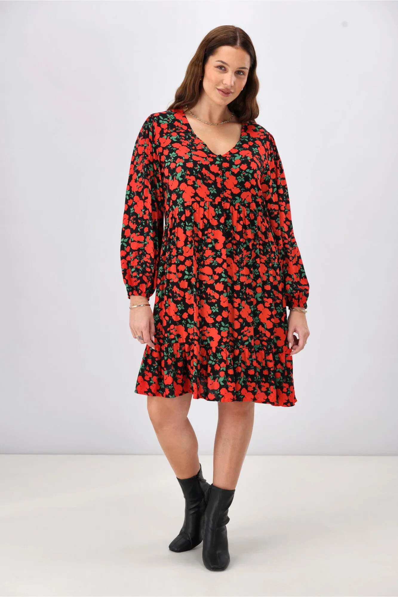 Gloss The Label Dakota V Neck Midi Dress Red Floral