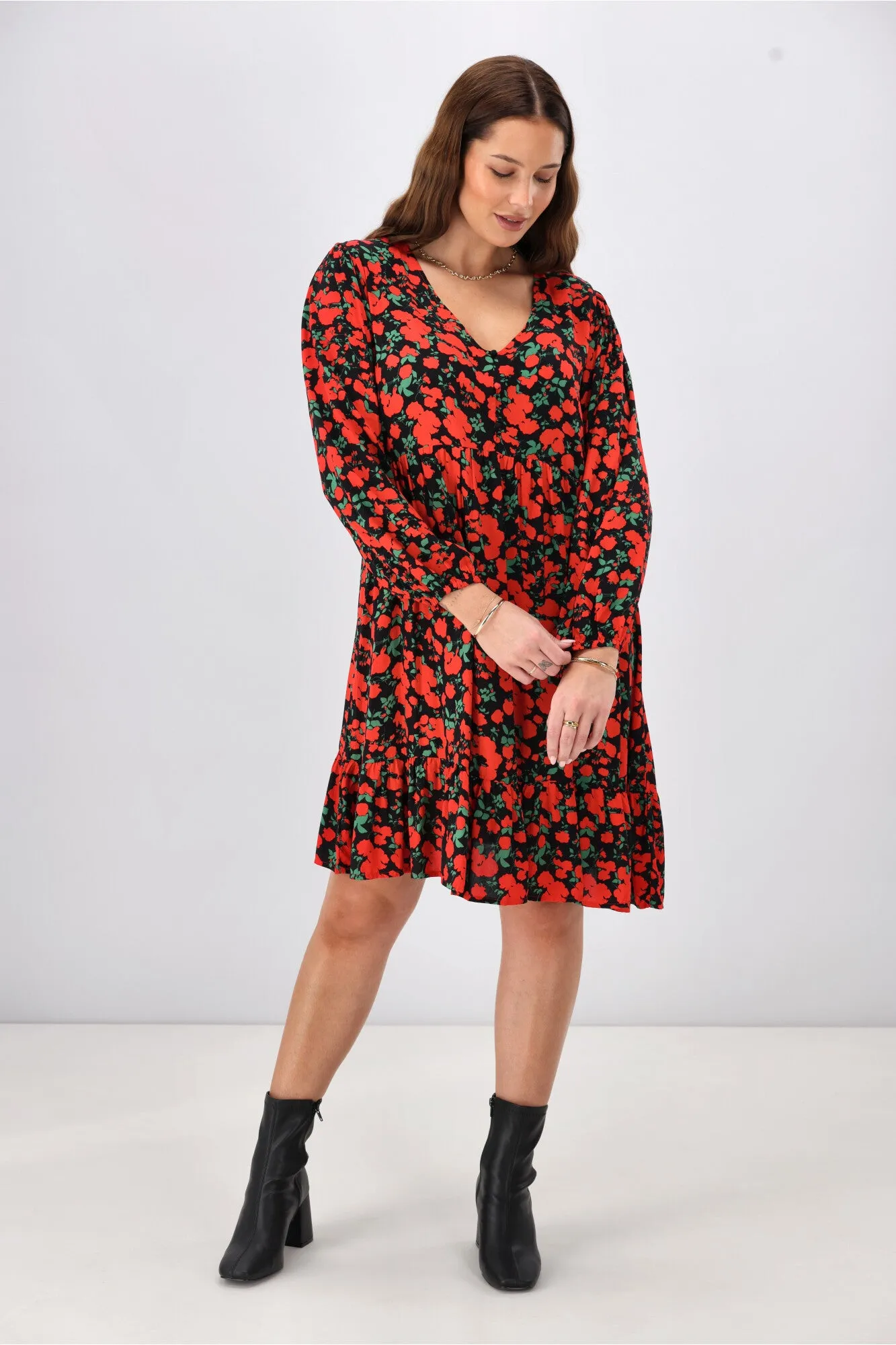 Gloss The Label Dakota V Neck Midi Dress Red Floral