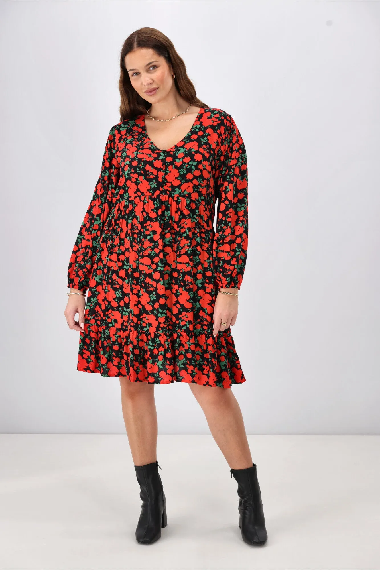 Gloss The Label Dakota V Neck Midi Dress Red Floral