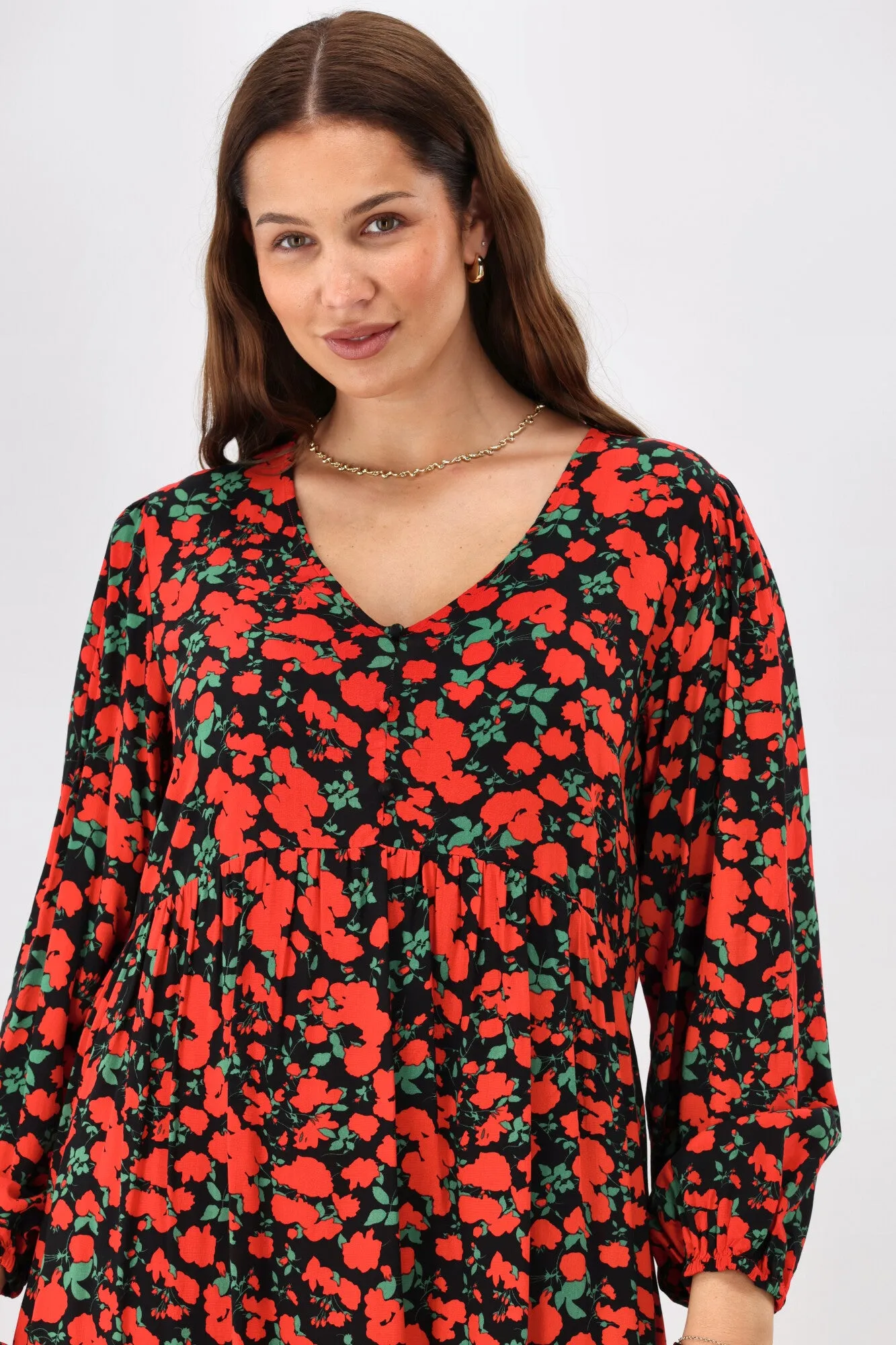 Gloss The Label Dakota V Neck Midi Dress Red Floral