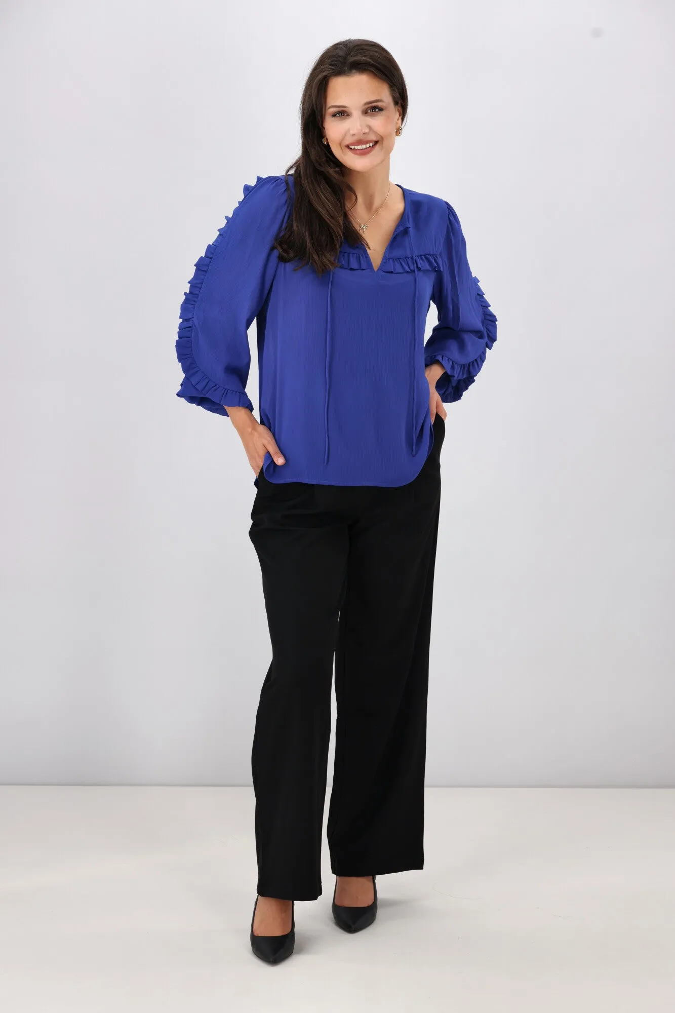 Gloss The Label Paloma Ruffle Sleeve Blouse Blue