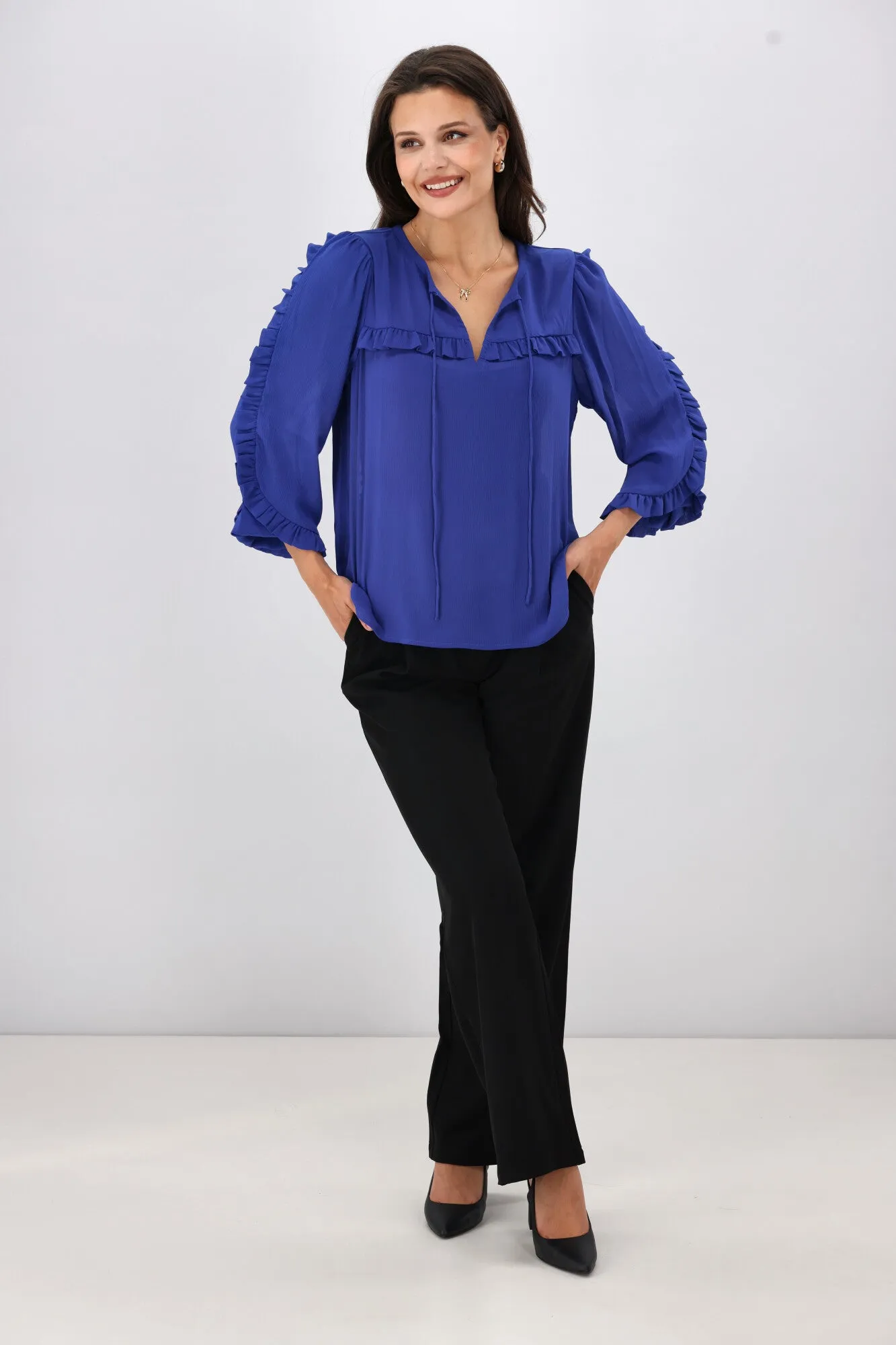 Gloss The Label Paloma Ruffle Sleeve Blouse Blue