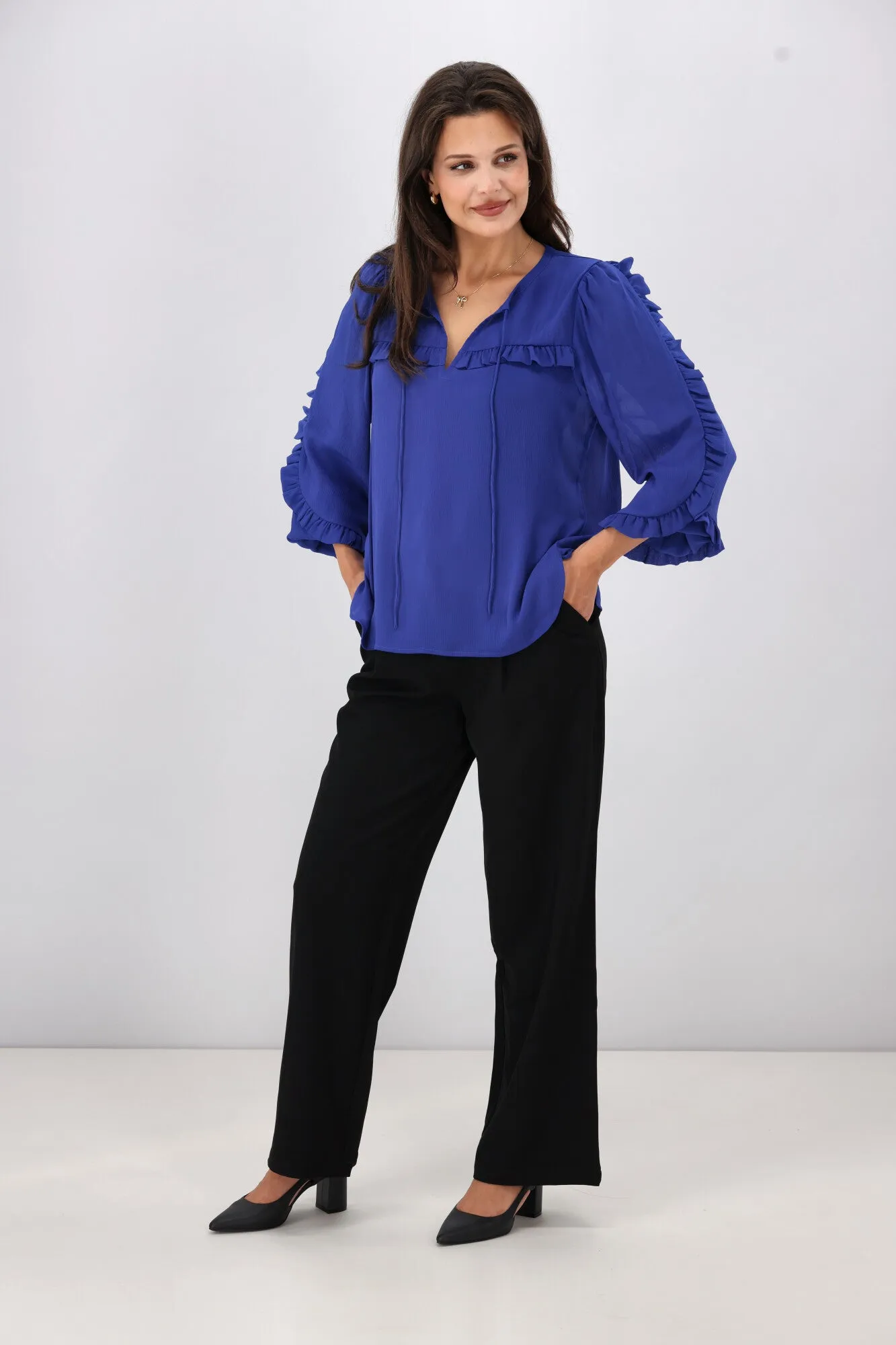 Gloss The Label Paloma Ruffle Sleeve Blouse Blue