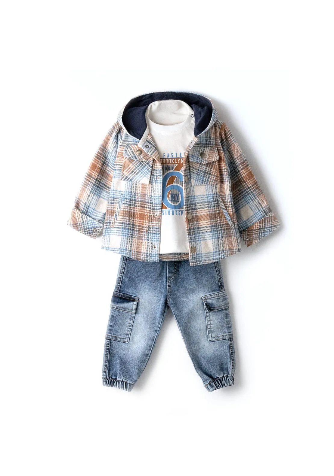 Hashtag Baby Boy Overshirt Three Piece Set, Natural