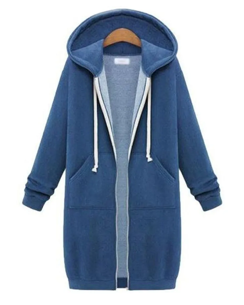 Long Hooded Loose Zipper Long Sleeve Sweater Coat Jacket