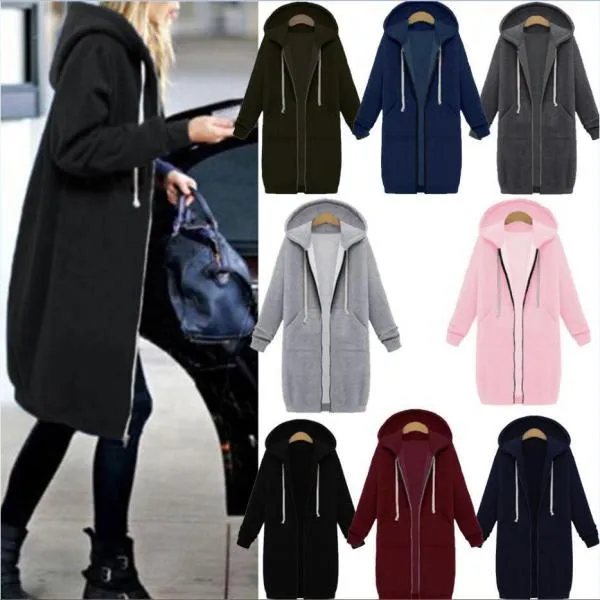 Long Hooded Loose Zipper Long Sleeve Sweater Coat Jacket