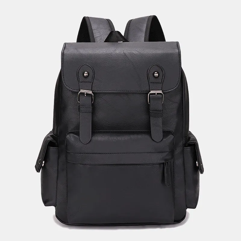 Men Casual Travel Multi-pocket Large Capacity Backpack Solid Retro Wear-resistant Waterproof PU Soft Leather 14 Inch Laptop Bag